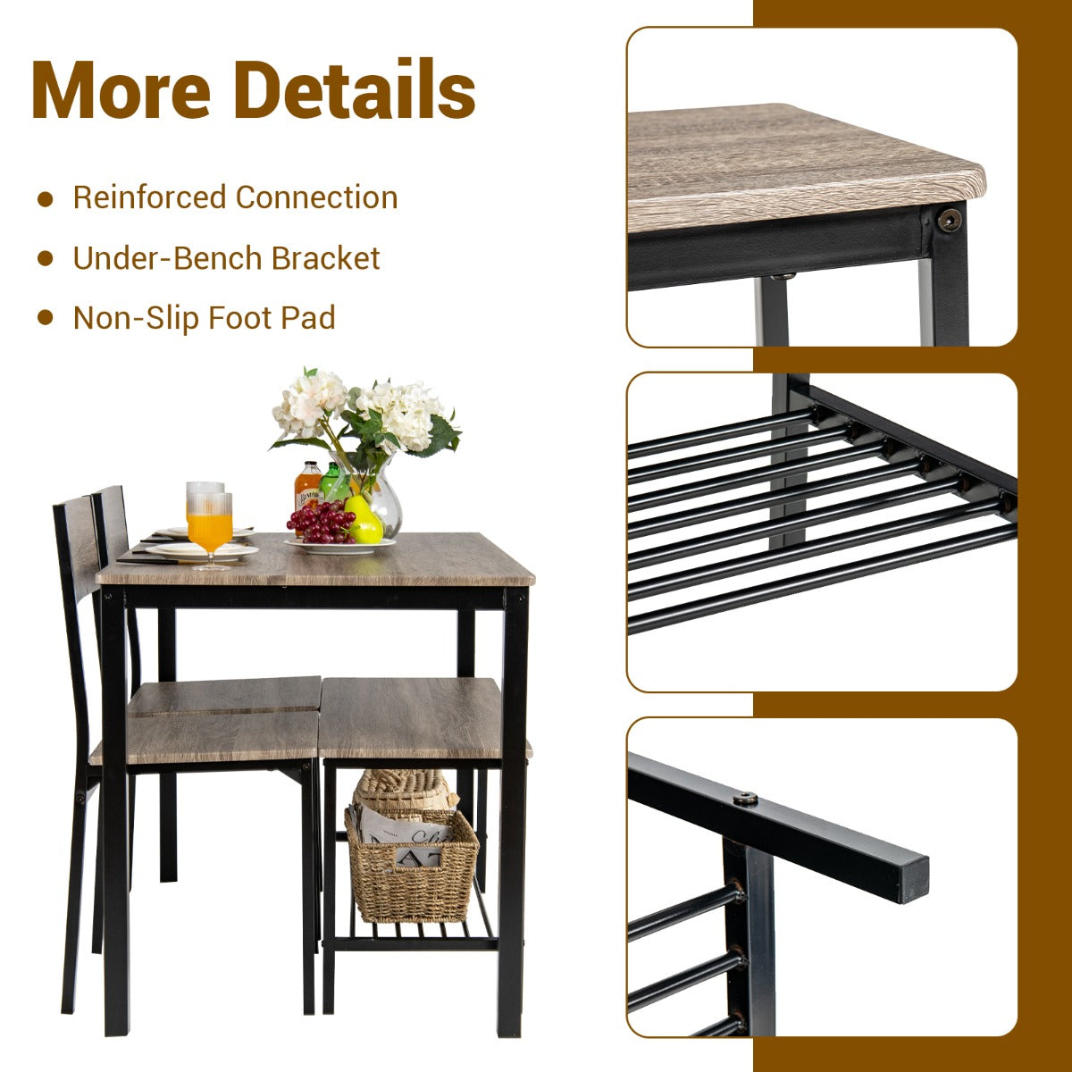 LIVSK Moderne Keukentafelset - 4-Delig met 2 Stoelen en 1 Bank - Ruimtebesparend - Duurzaam MDF - Voor 4 Personen - Grijs