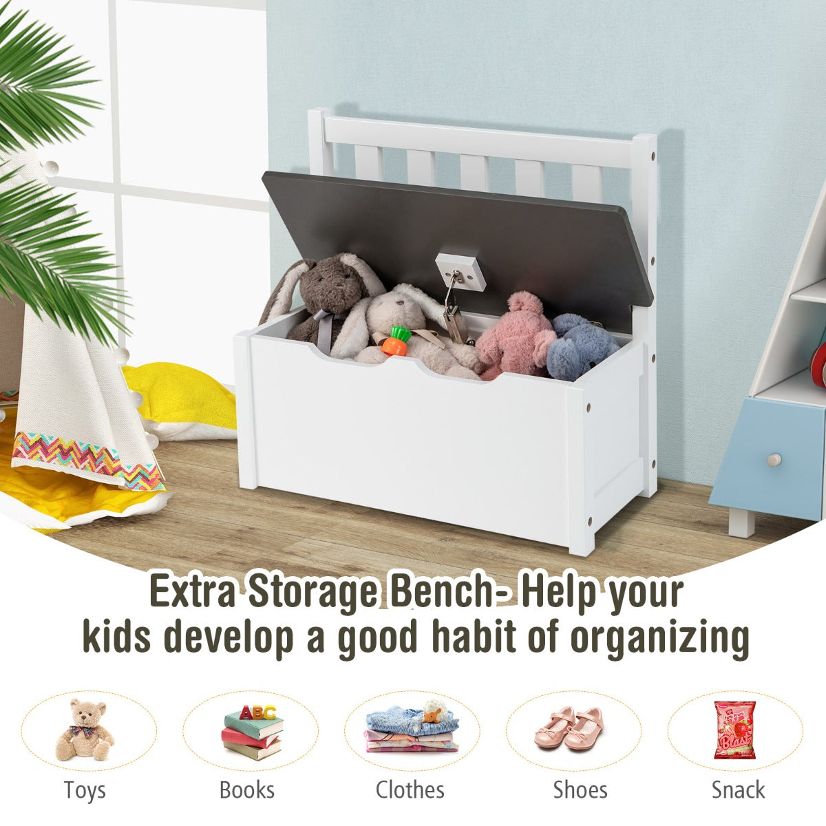 LIVSK Kindertafelset - Met Opbergbank en 2 Stoelen - Duurzaam MDF en Dennenhout - Ergonomisch en Veilig - Grijs