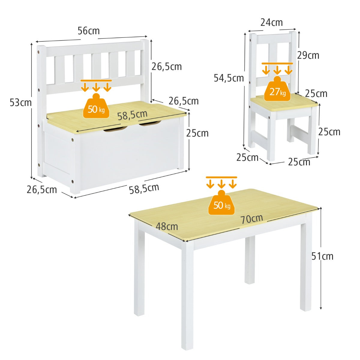 LIVSK Kindermeubilair Set - Eettafel, 2 Stoelen & Opbergbank - Veilig MDF en Dennenhout - Geschikt voor 3-4 Kinderen - Natuur +