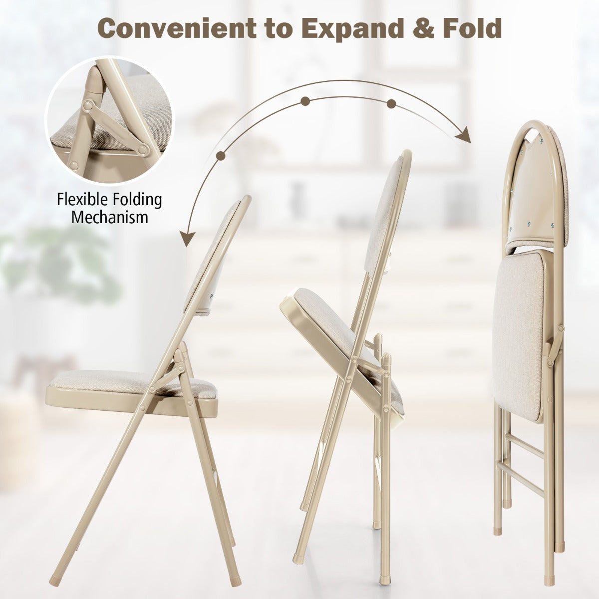 LIVSK Klapstoelenset - Ergonomisch Ontwerp - Gevoerde Zitting - Metalen Frame - Draagvermogen 120 kg - Beige
