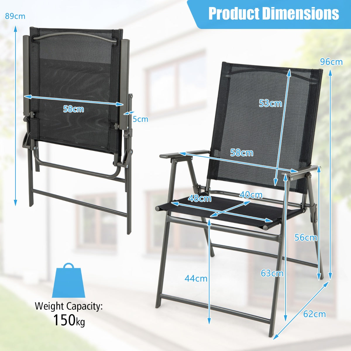 LIVSK Terrasstoelenset van 4 - Opvouwbaar en Draagbaar - Hoge Rugleuning - Metalen Frame tot 150 kg - Zwart