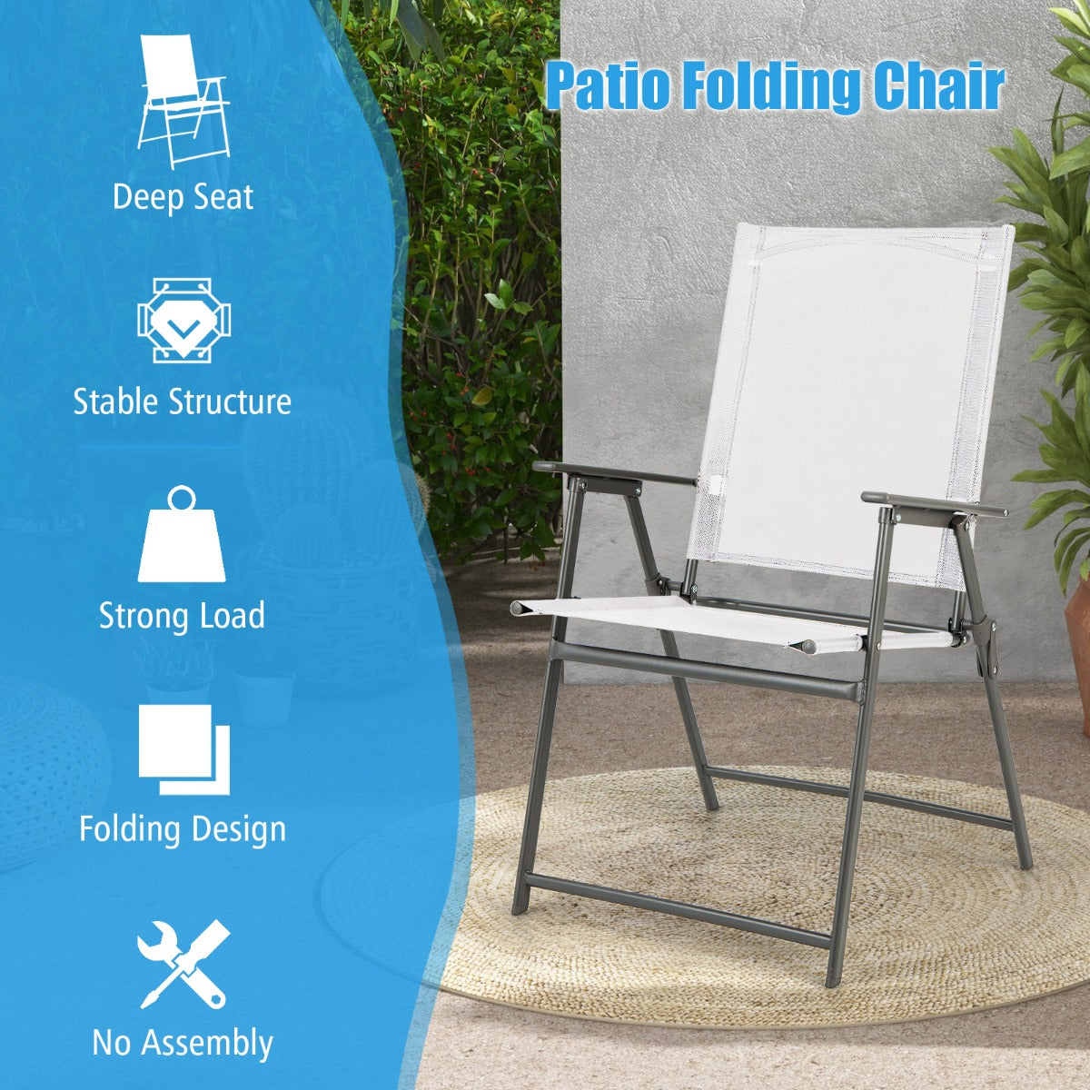LIVSK Set van 4 Opvouwbare Terrasstoelen - Hoge Rugleuning - Metaal en Ademend Stof - Tot 150 kg - Wit