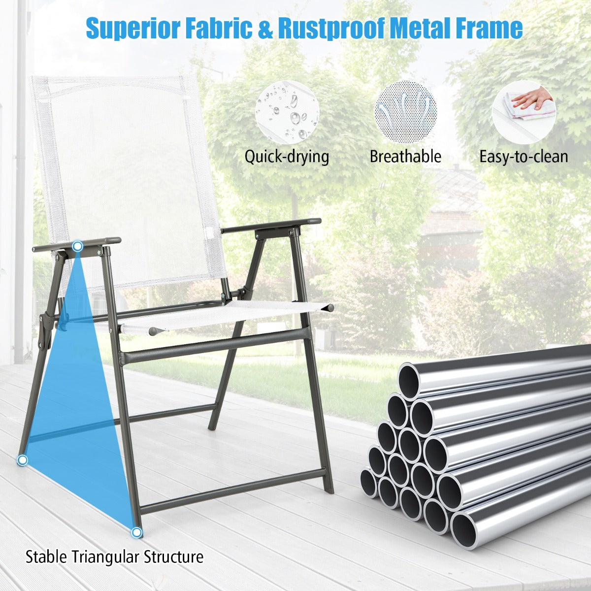 LIVSK Set van 4 Opvouwbare Terrasstoelen - Hoge Rugleuning - Metaal en Ademend Stof - Tot 150 kg - Wit