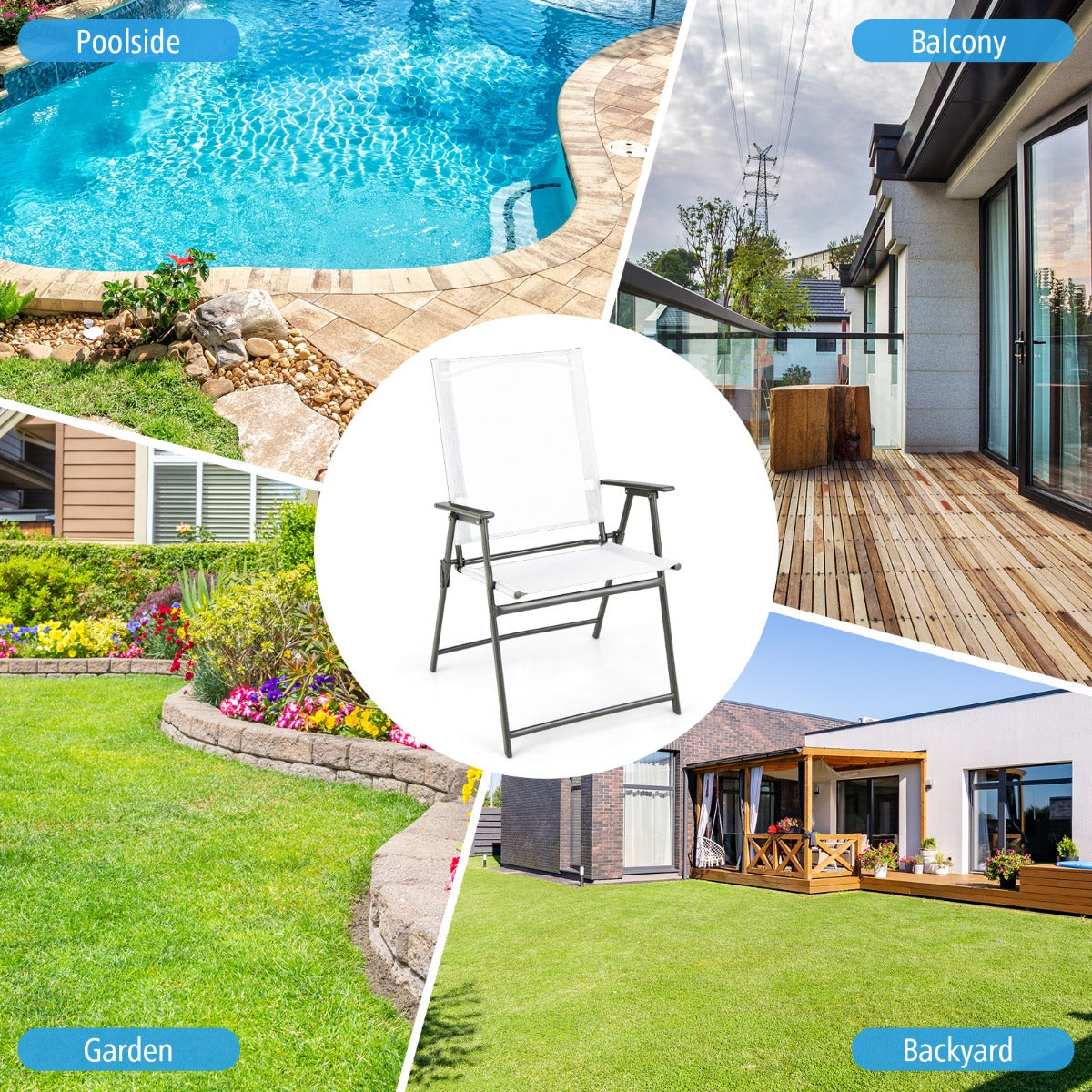 LIVSK Set van 4 Opvouwbare Terrasstoelen - Hoge Rugleuning - Metaal en Ademend Stof - Tot 150 kg - Wit