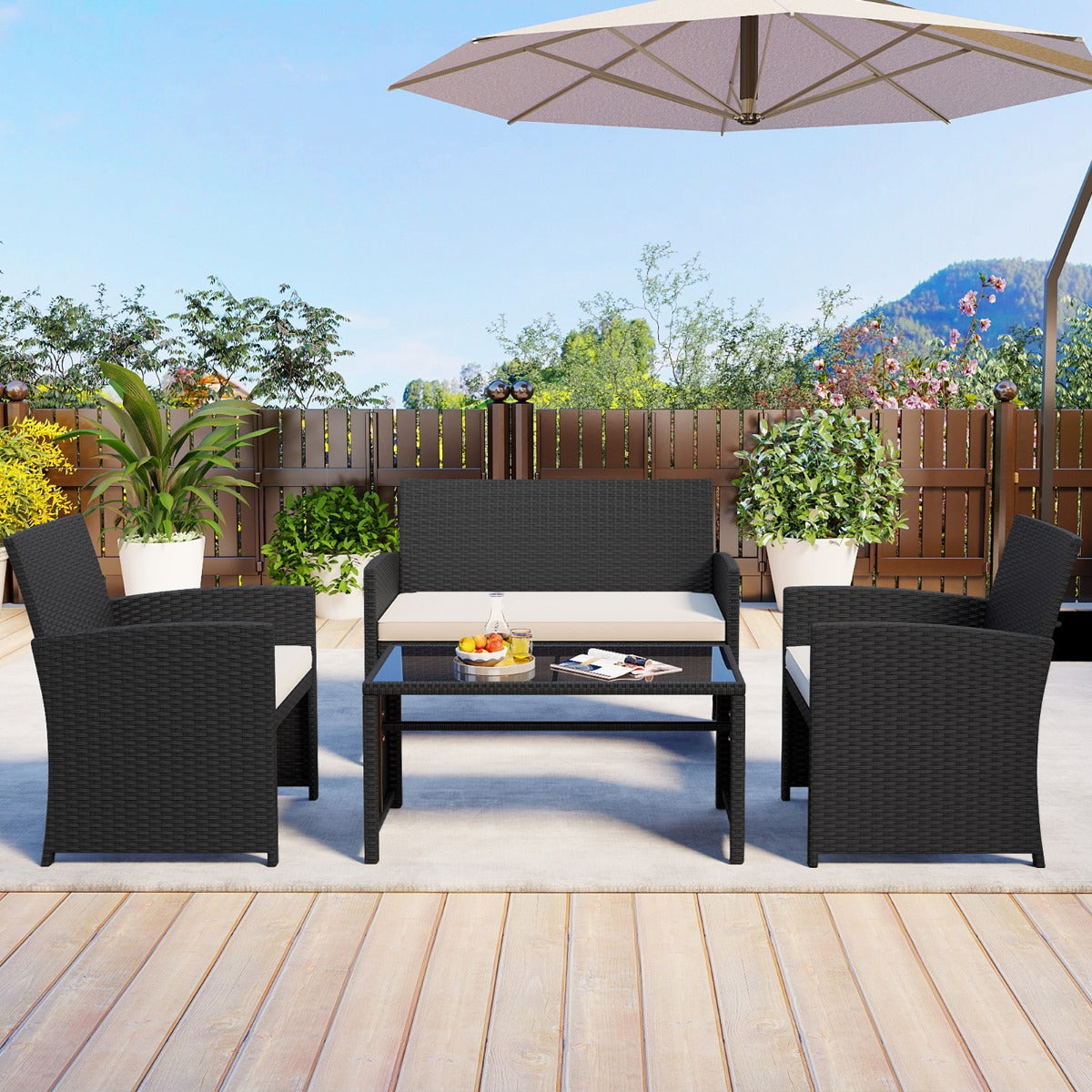 Livsk costway 4 delige pe rotan tuinset 2 zitsbank van riet met fauteuils en salontafel van gehard glas tuinmeubelen met kussens wit