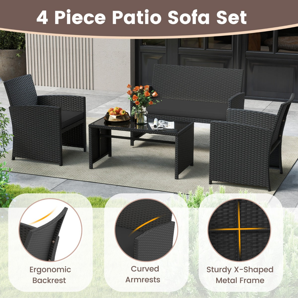 Livsk costway 4 delige pe rotan tuinset 2 zitsbank van riet met fauteuils en salontafel van gehard glas tuinmeubelen met kussens zwart