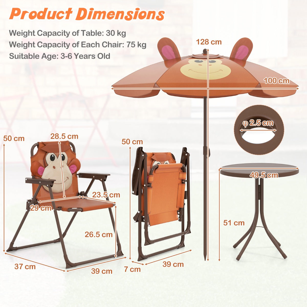 LIVSK Kinderset voor Picknicks - Opvouwbare Tafel en 2 Stoelen met In hoogte Verstelbare Parasol - Veilig en Duurzaam -