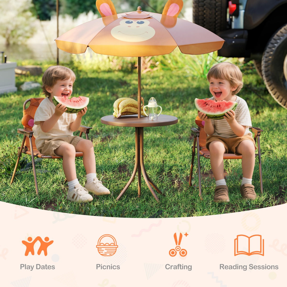LIVSK Kinderset voor Picknicks - Opvouwbare Tafel en 2 Stoelen met In hoogte Verstelbare Parasol - Veilig en Duurzaam -
