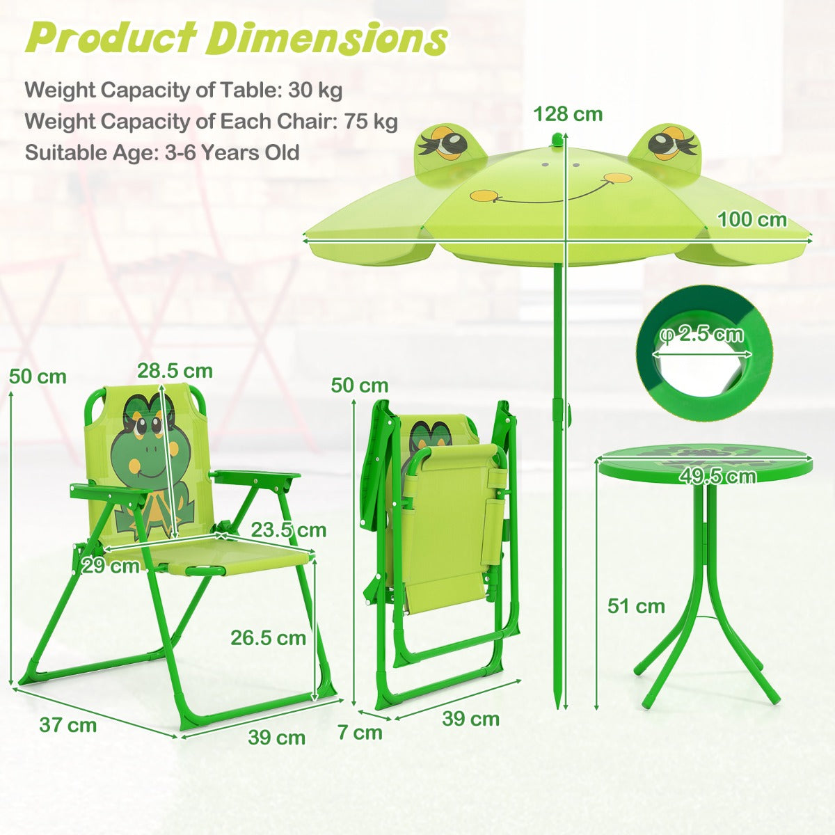 LIVSK Kinderpicknickset - Opvouwbaar met Verstelbare Parasol - Inclusief Tafel en 2 Stoelen - Voor Kinderen 3-6 jaar -