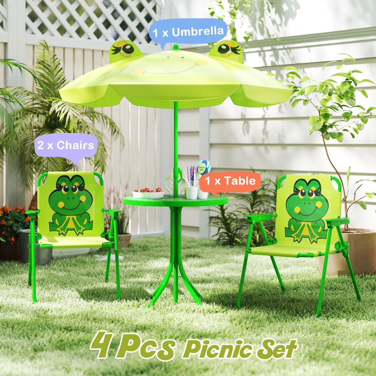 LIVSK Kinderpicknickset - Opvouwbaar met Verstelbare Parasol - Inclusief Tafel en 2 Stoelen - Voor Kinderen 3-6 jaar -