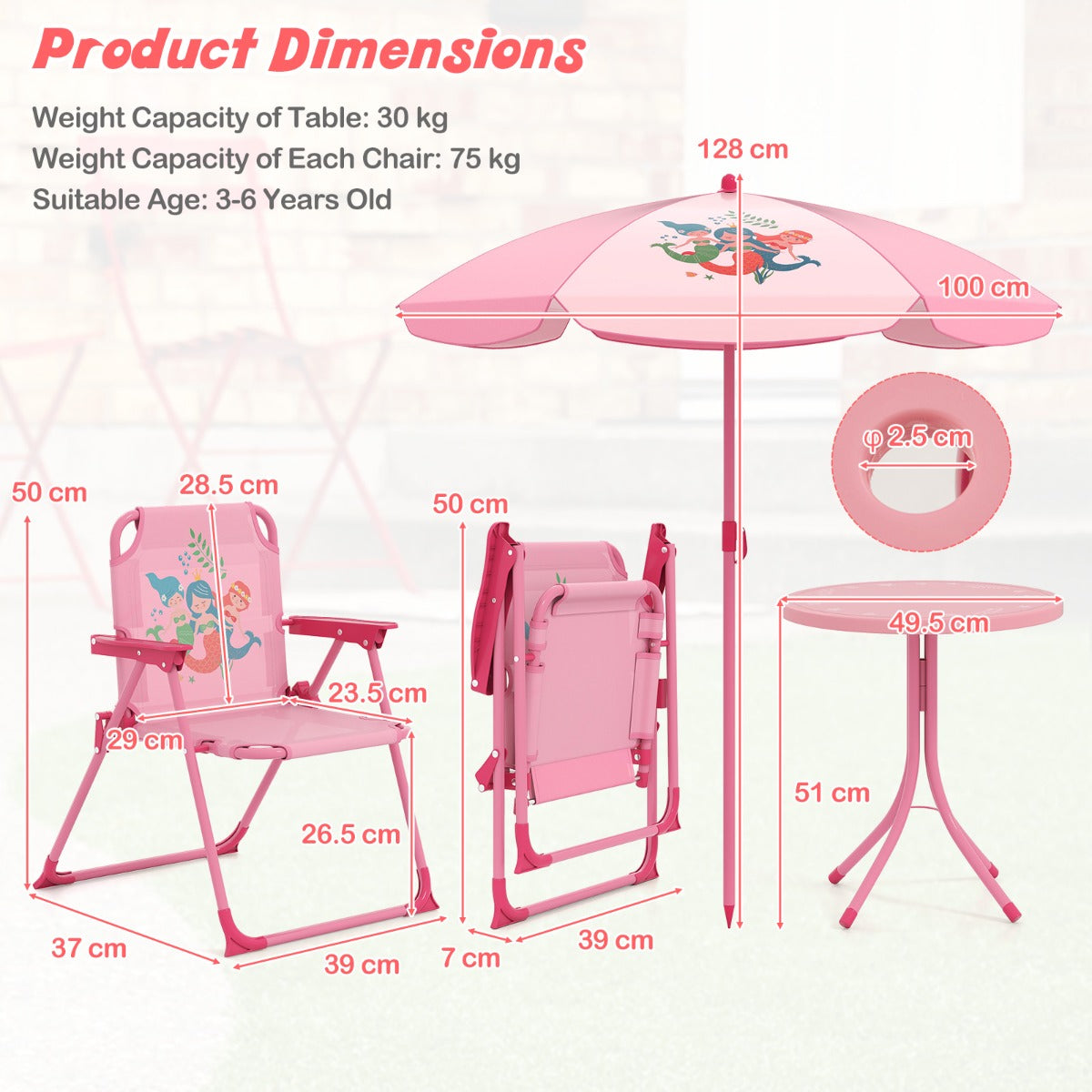 LIVSK Kinderpicknickset - Opvouwbare Tafel en Stoelen - Verstelbare Parasol - Voor Binnen en Buiten - Lichtgroen/Bruin