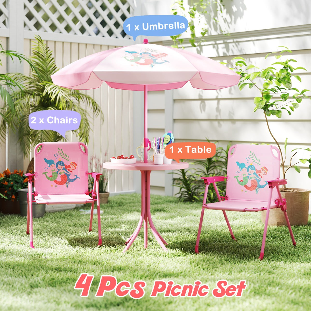 LIVSK Kinderpicknickset - Opvouwbare Tafel en Stoelen - Verstelbare Parasol - Voor Binnen en Buiten - Lichtgroen/Bruin