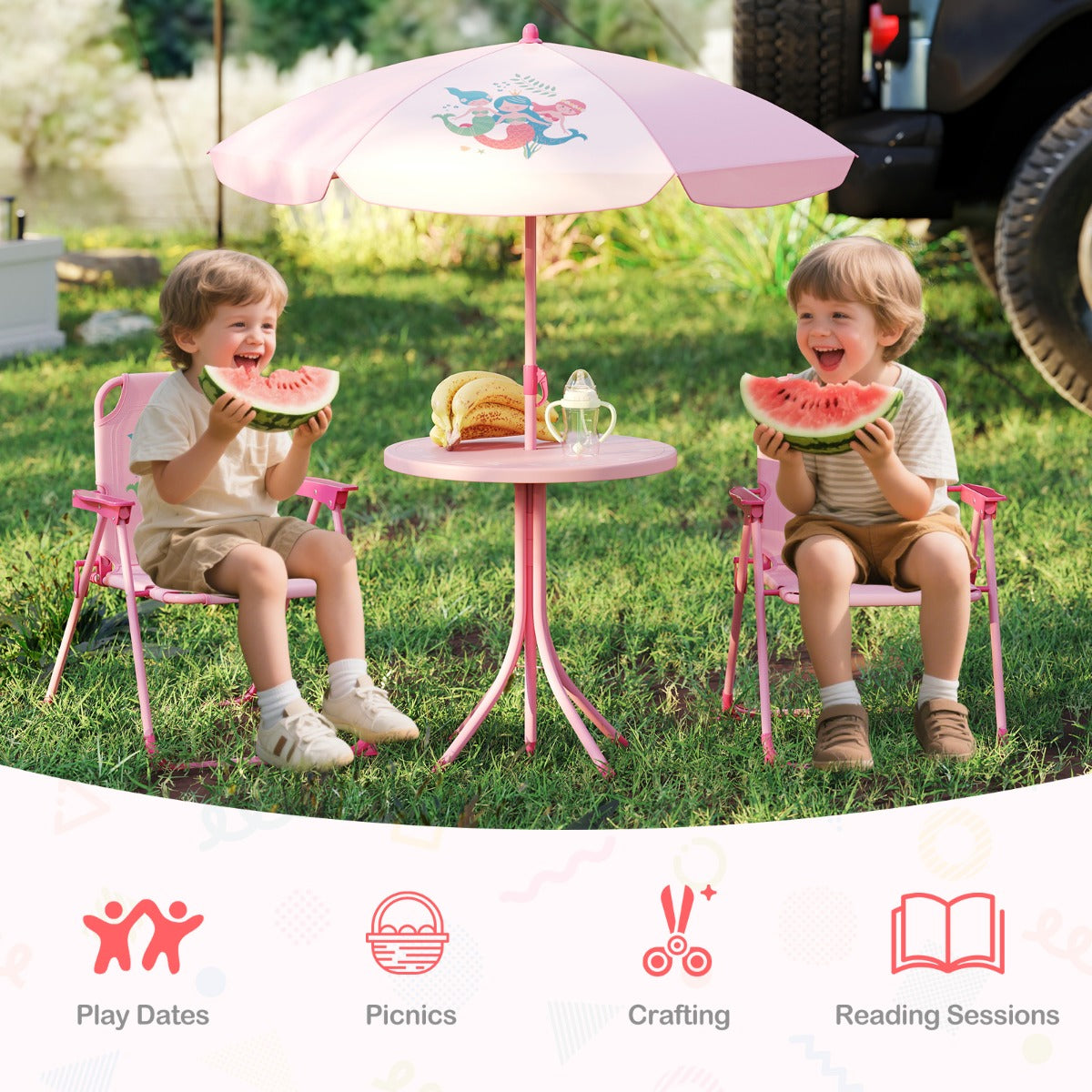 LIVSK Kinderpicknickset - Opvouwbare Tafel en Stoelen - Verstelbare Parasol - Voor Binnen en Buiten - Lichtgroen/Bruin