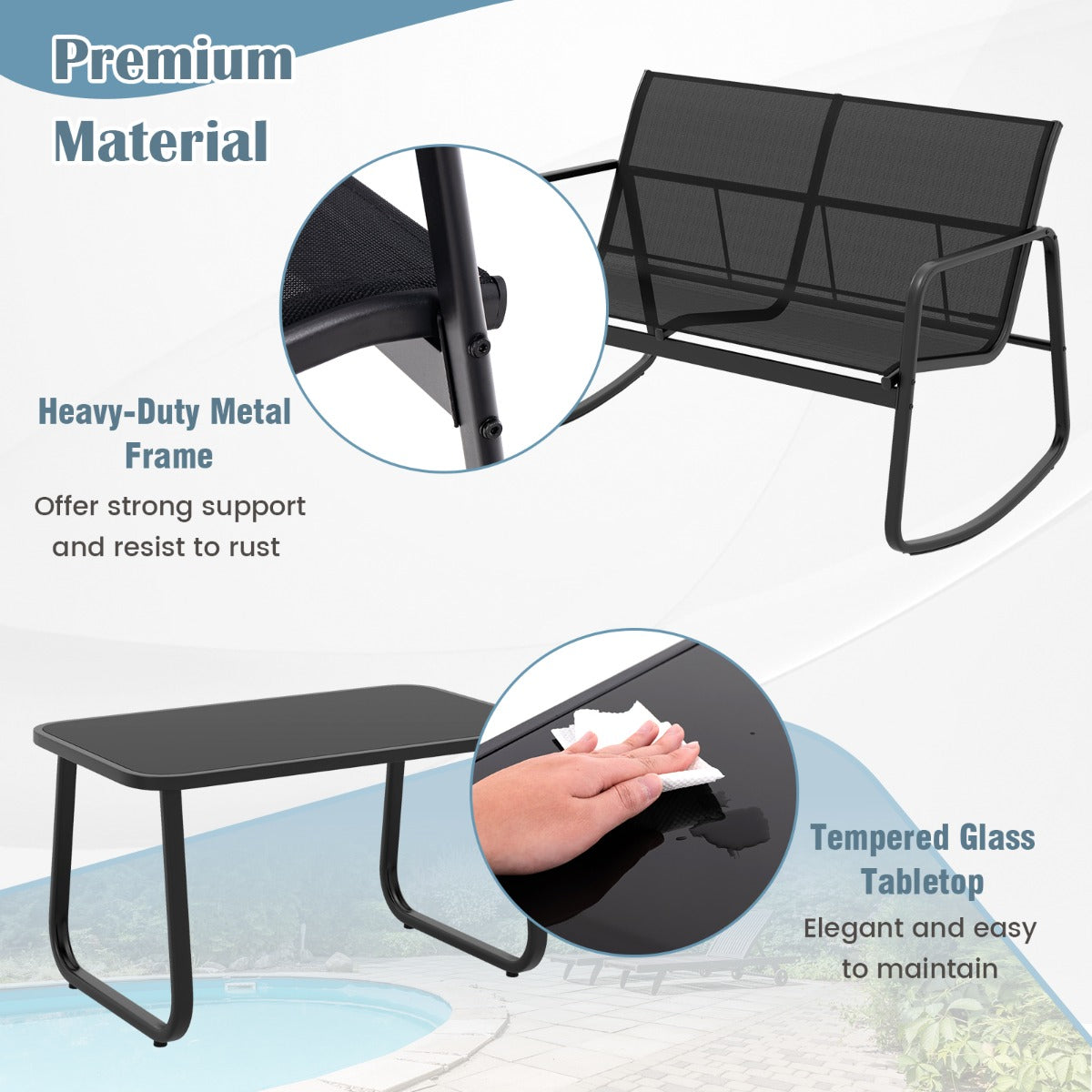 LIVSK 4-delige tuinmeubelset - Ergonomische schommelstoelen - Roestbestendig met glazen blad - Voor buiten - Zwart