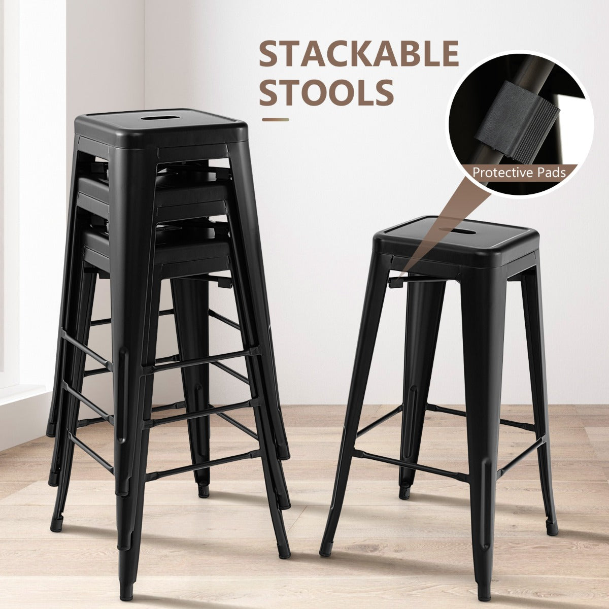 LIVSK Metalen Krukset 4-delig - Stapelbaar - Roestbestendig - Antislip - Zithoogte 76 cm - Belastbaar tot 150 kg - Zwart