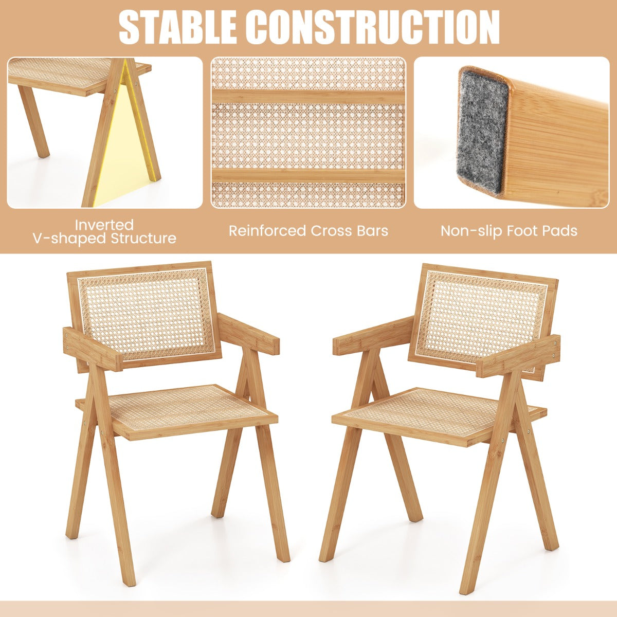 LIVSK Rattan Accentstoelen - Set van 4 - Ergonomisch en Duurzaam - Middeleeuwse Uitstraling - Natuur