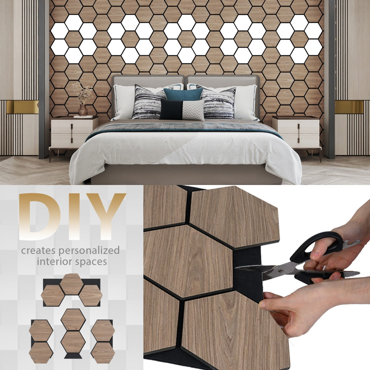 Livsk costway 4 delige set geluidsabsorberende wandpanelen 81 x 66 cm bestaande uit 9 zeshoekige houten panelen 4