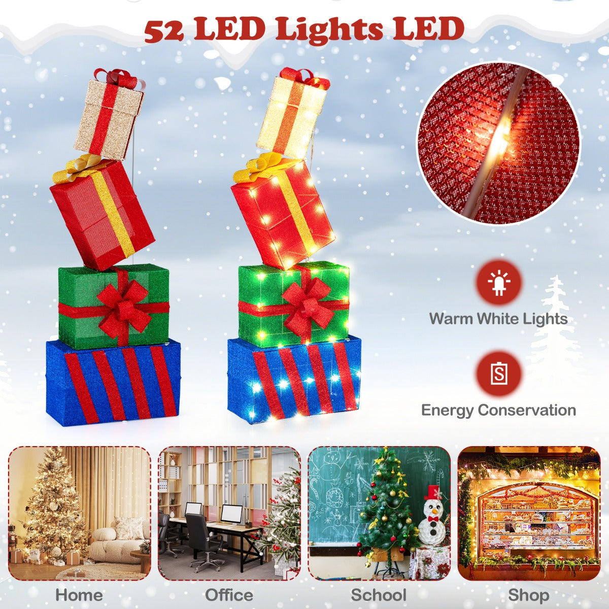 LIVSK Verlichte Cadeauboxenset - 52 Warmwitte LED-lampen - Stapelbaar - Duurzaam - Voor Binnen en Buiten - Multikleur