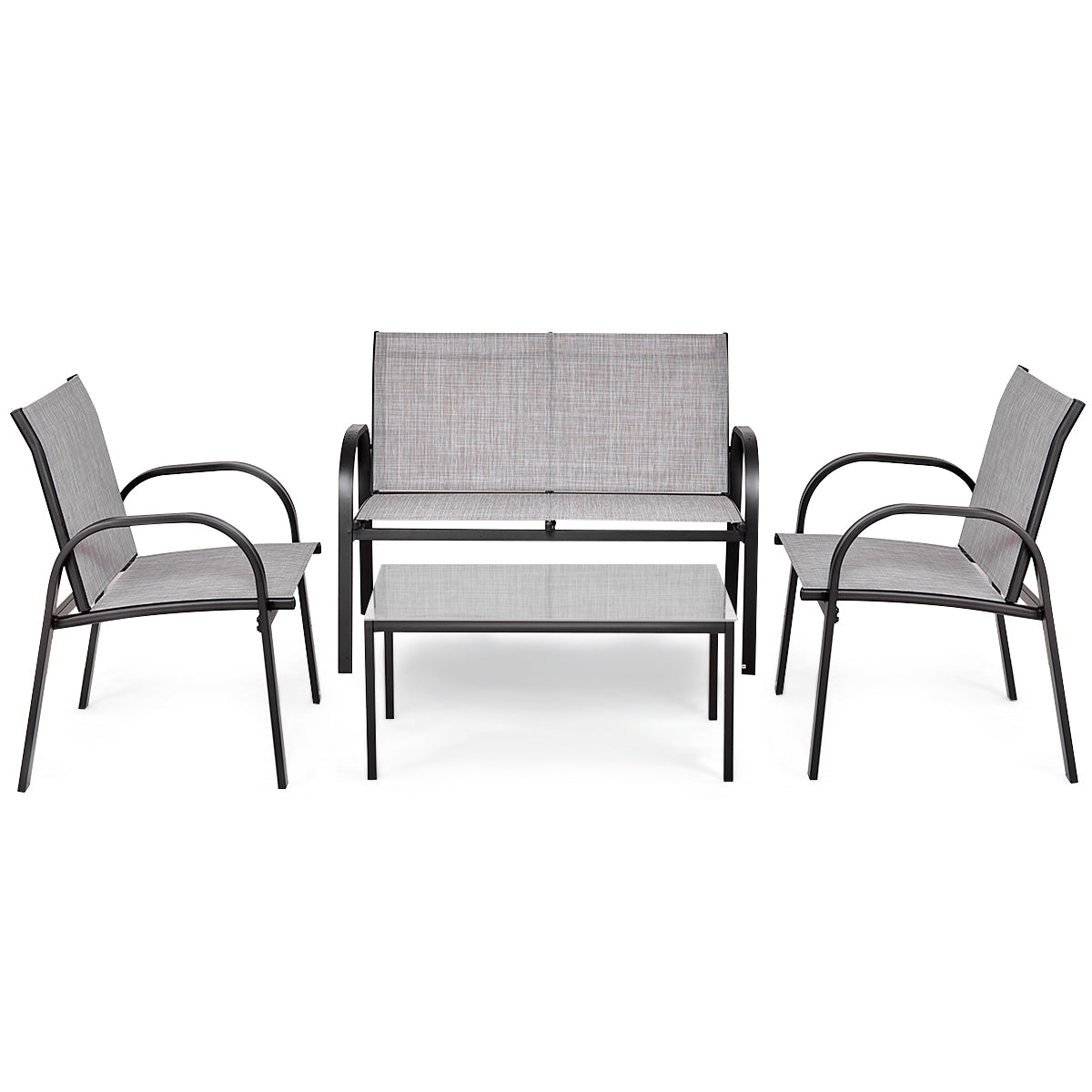 LIVSK 4-Delige Tuinmeubelset - Dubbele en Enkele Stoelen - Snel Droog Mesh - Hoge Rugleuning - Stevig Glas - Grijs