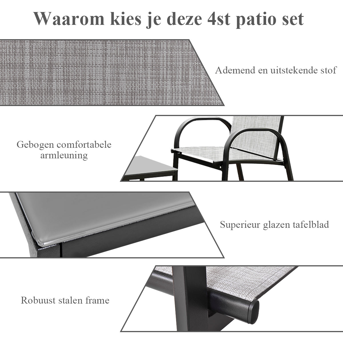 LIVSK 4-Delige Tuinmeubelset - Dubbele en Enkele Stoelen - Snel Droog Mesh - Hoge Rugleuning - Stevig Glas - Grijs