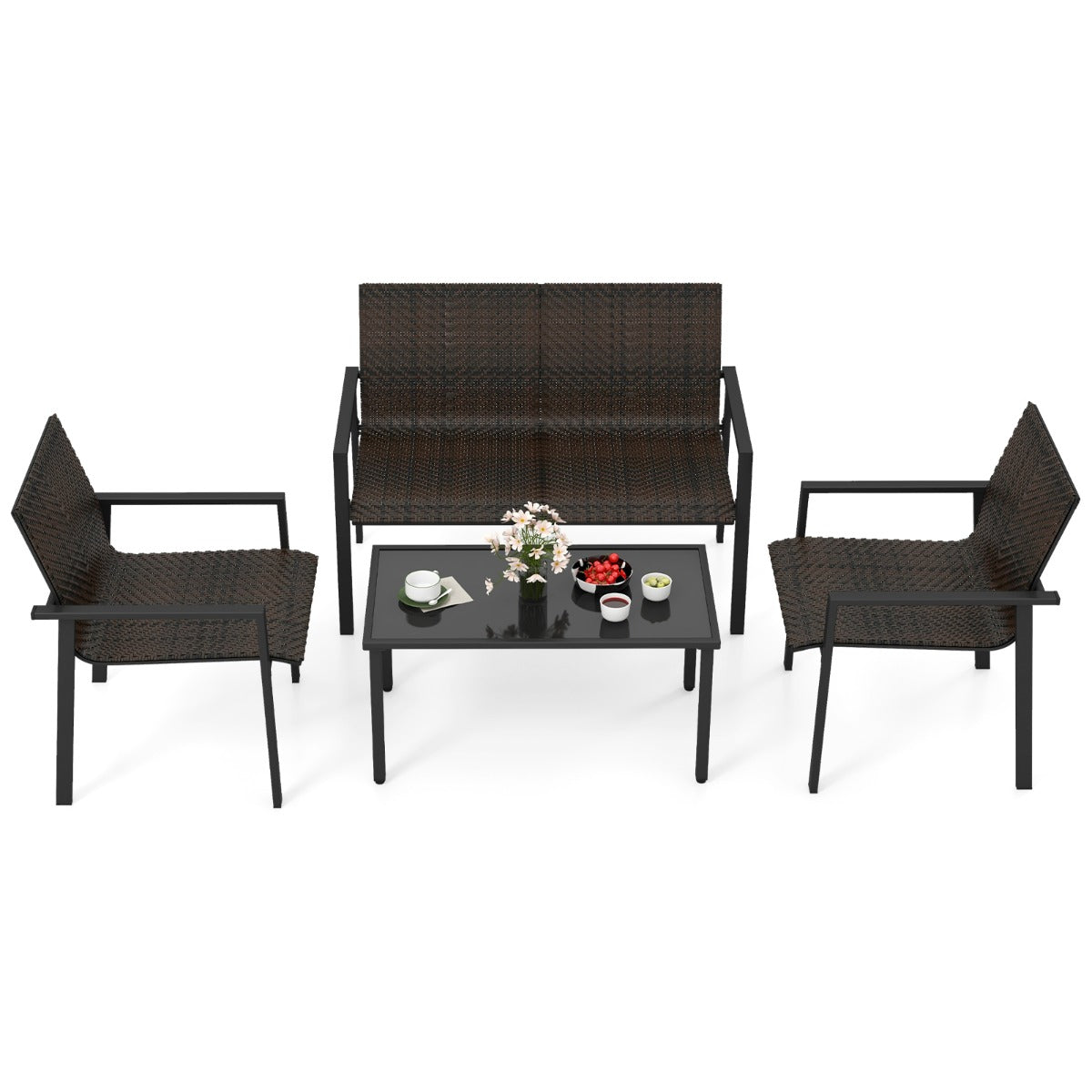 LIVSK Terrasmeubelset - Bank, 2 Stoelen en Salontafel - Ergonomisch en Verstelbare Voetsteunen - PE Rotan - Bruin/Zwart Mix