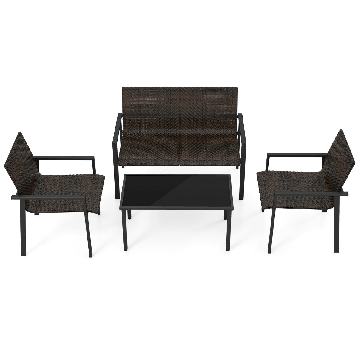 LIVSK Terrasmeubelset - Bank, 2 Stoelen en Salontafel - Ergonomisch en Verstelbare Voetsteunen - PE Rotan - Bruin/Zwart Mix