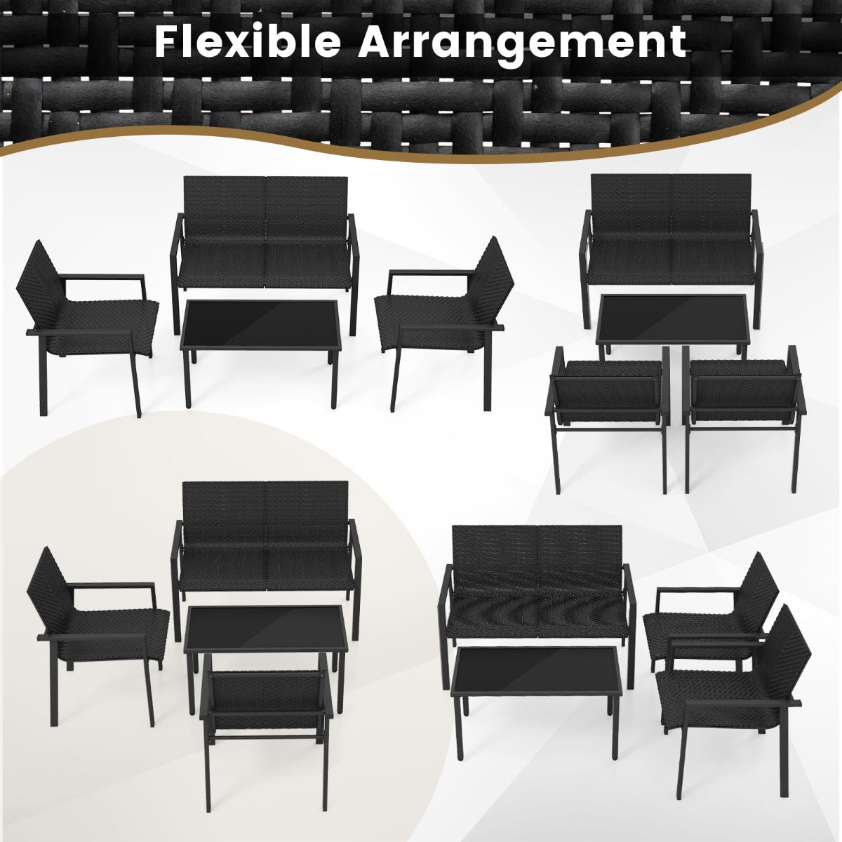 LIVSK Terrasmeubelset 4-delig - Ergonomische Stoelen en Bank - Gehard Glas Salontafel - Duurzaam Rotan - Bruin/Zwart Mix
