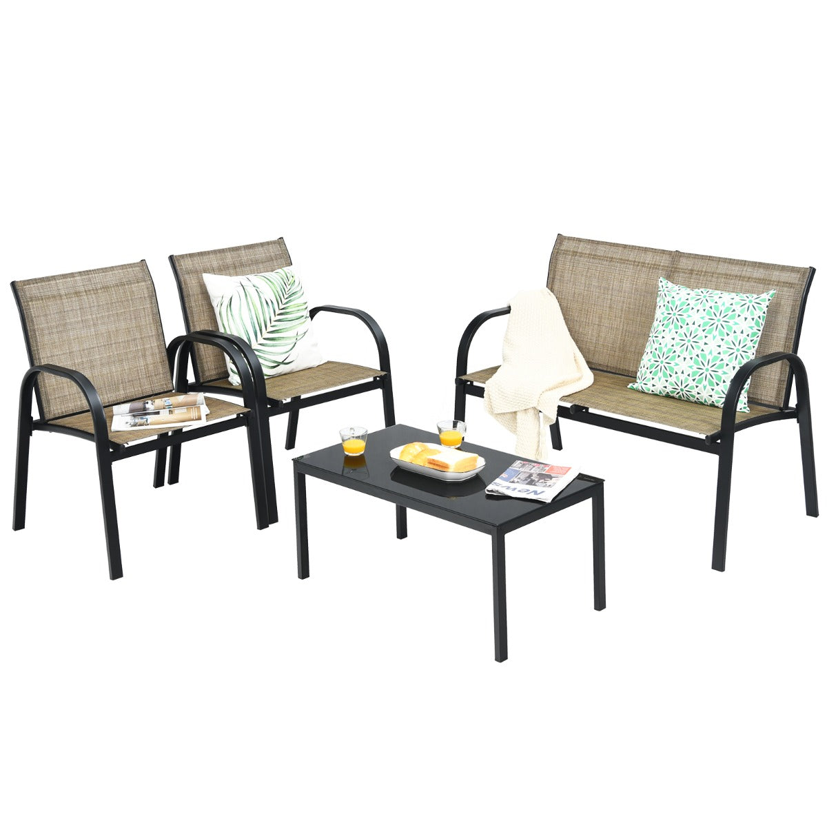 LIVSK 4-delige Terrasmeubelset - Salontafel, Tweezitsbank, Ergonomische Stoelen - Vrije Opstelling - Bruin