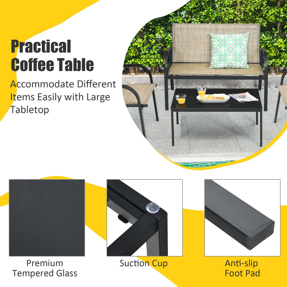 LIVSK 4-delige Terrasmeubelset - Salontafel, Tweezitsbank, Ergonomische Stoelen - Vrije Opstelling - Bruin