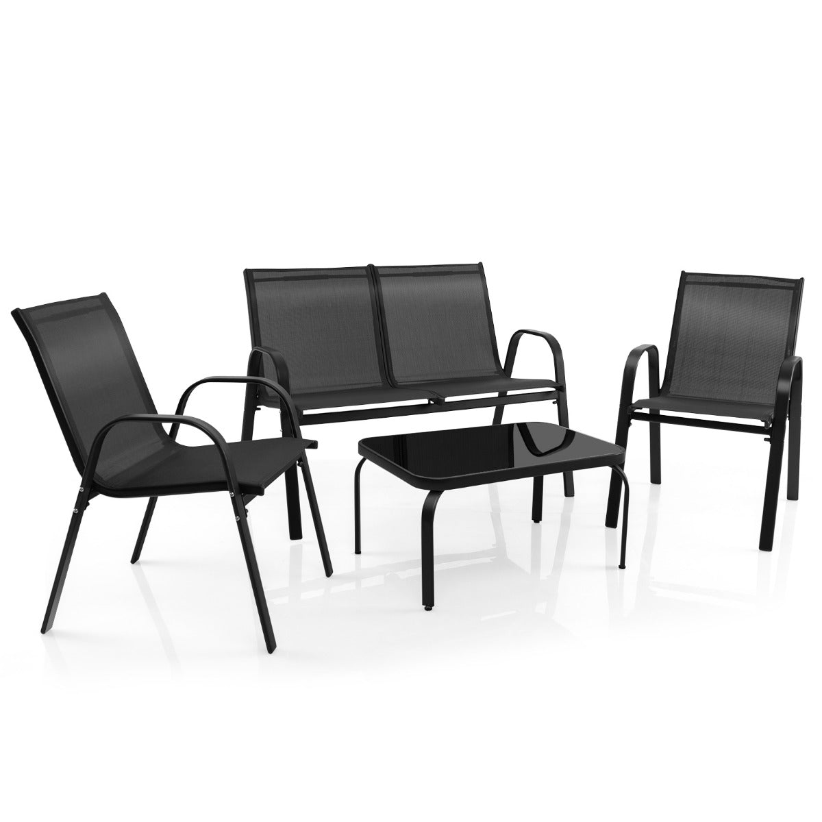 LIVSK Moderne Tuinmeubelset - Koffietafel, 2-persoonsbank en 2 Stoelen - Ergonomisch en Onderhoudsvriendelijk - Zwart