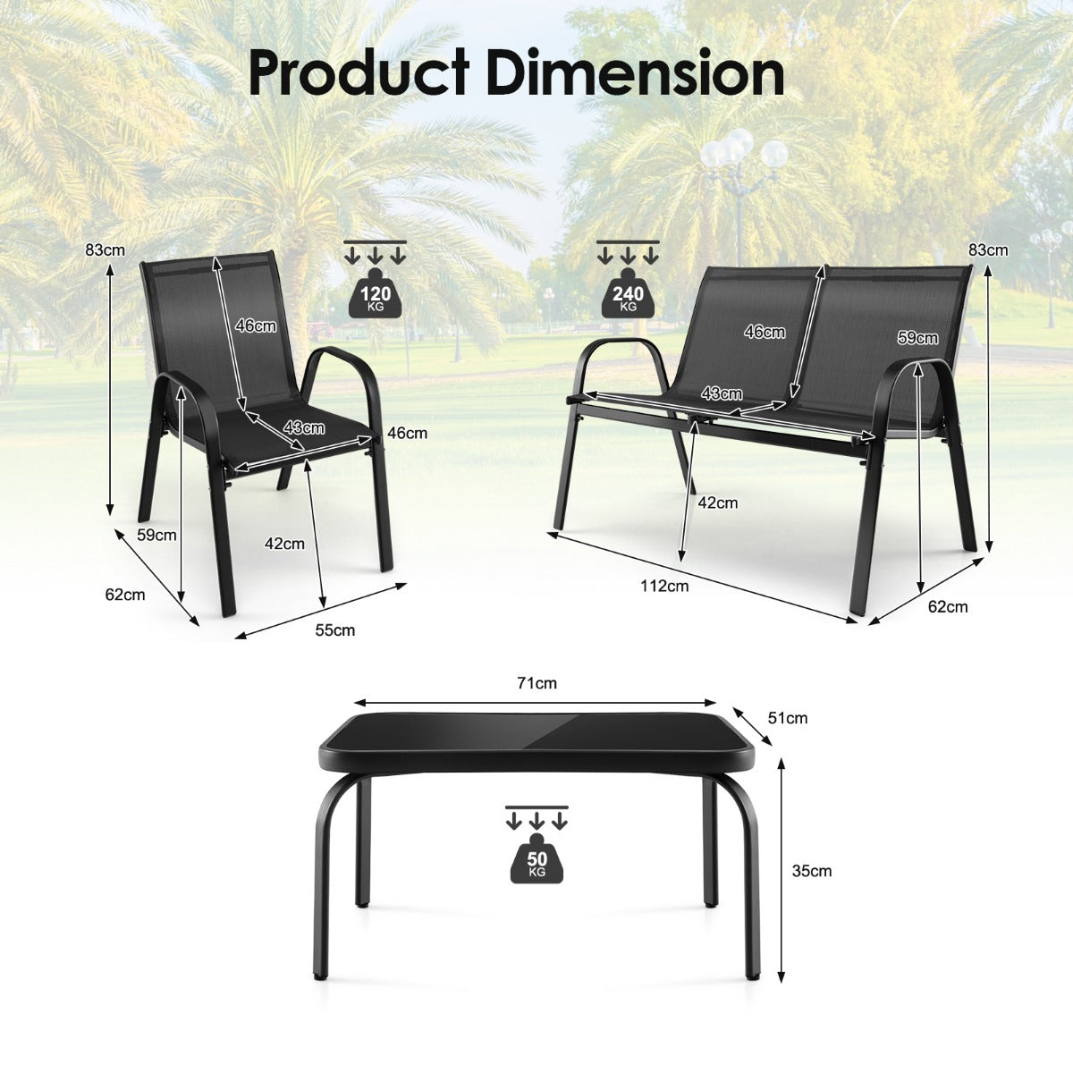LIVSK Moderne Tuinmeubelset - Koffietafel, 2-persoonsbank en 2 Stoelen - Ergonomisch en Onderhoudsvriendelijk - Zwart