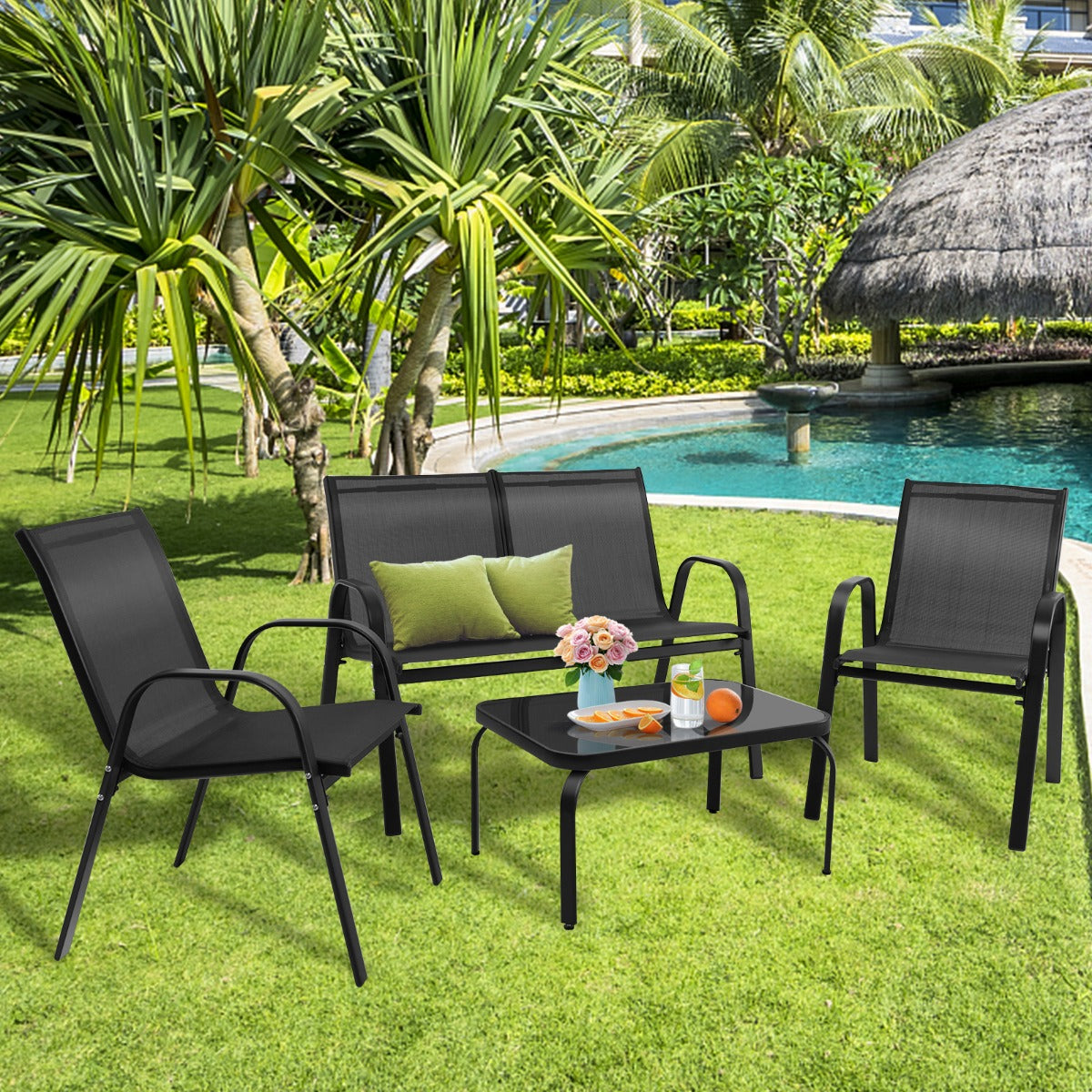 LIVSK Moderne Tuinmeubelset - Koffietafel, 2-persoonsbank en 2 Stoelen - Ergonomisch en Onderhoudsvriendelijk - Zwart
