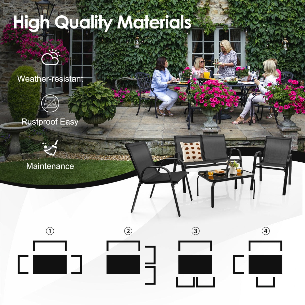 LIVSK Moderne Tuinmeubelset - Koffietafel, 2-persoonsbank en 2 Stoelen - Ergonomisch en Onderhoudsvriendelijk - Zwart