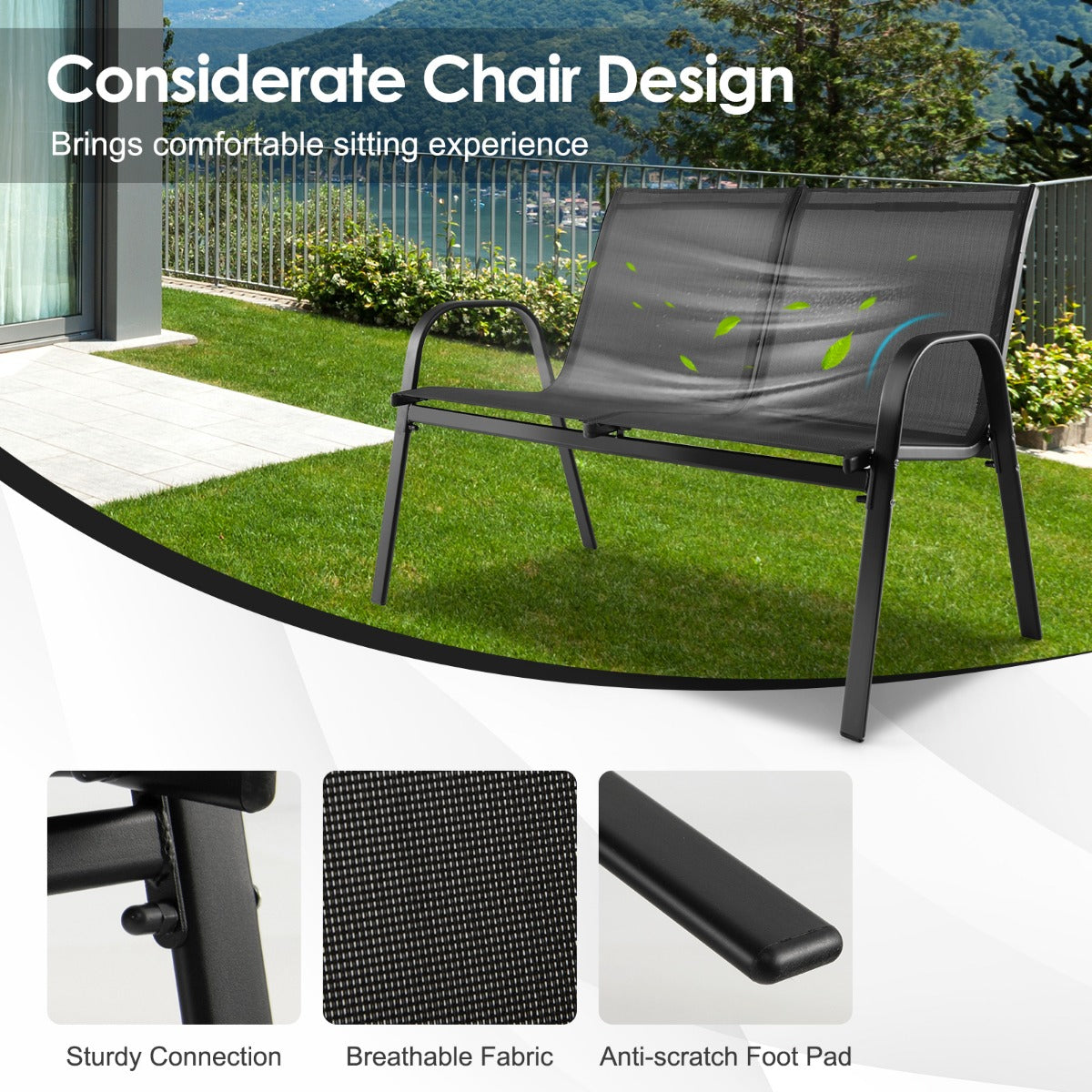 LIVSK Moderne Tuinmeubelset - Koffietafel, 2-persoonsbank en 2 Stoelen - Ergonomisch en Onderhoudsvriendelijk - Zwart
