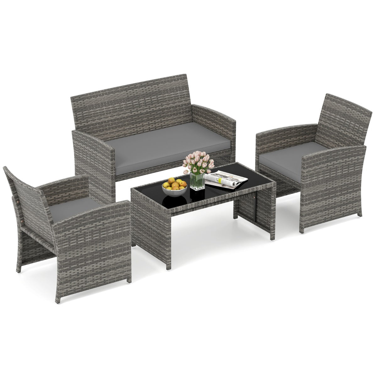 Livsk costway 4 delige tuinmeubelset conversatieset incl rotanstoel loveseat tafel balkonmeubelset met zitkussens tafelblad van veiligheidsglas grijs