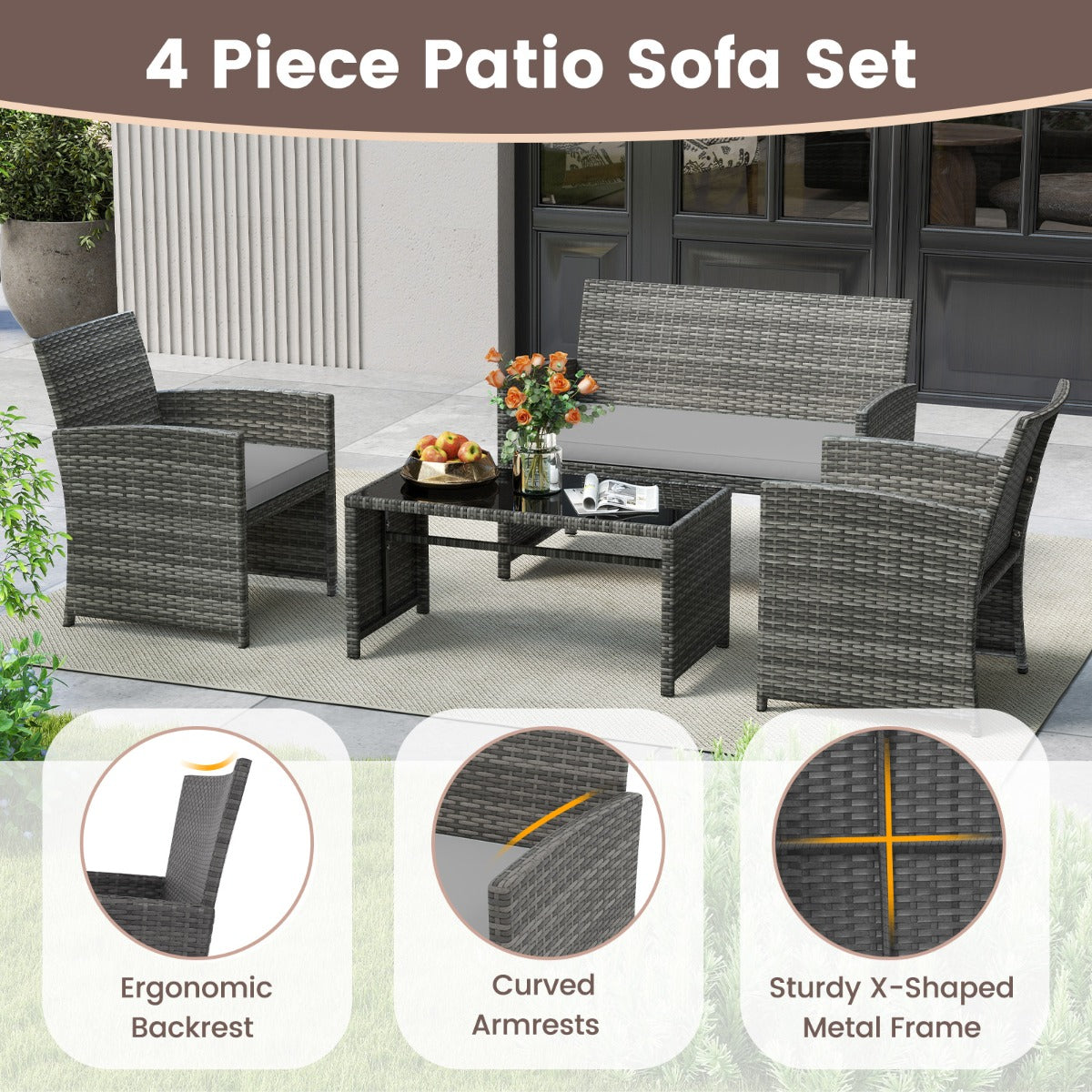 Livsk costway 4 delige tuinmeubelset conversatieset incl rotanstoel loveseat tafel balkonmeubelset met zitkussens tafelblad van veiligheidsglas grijs