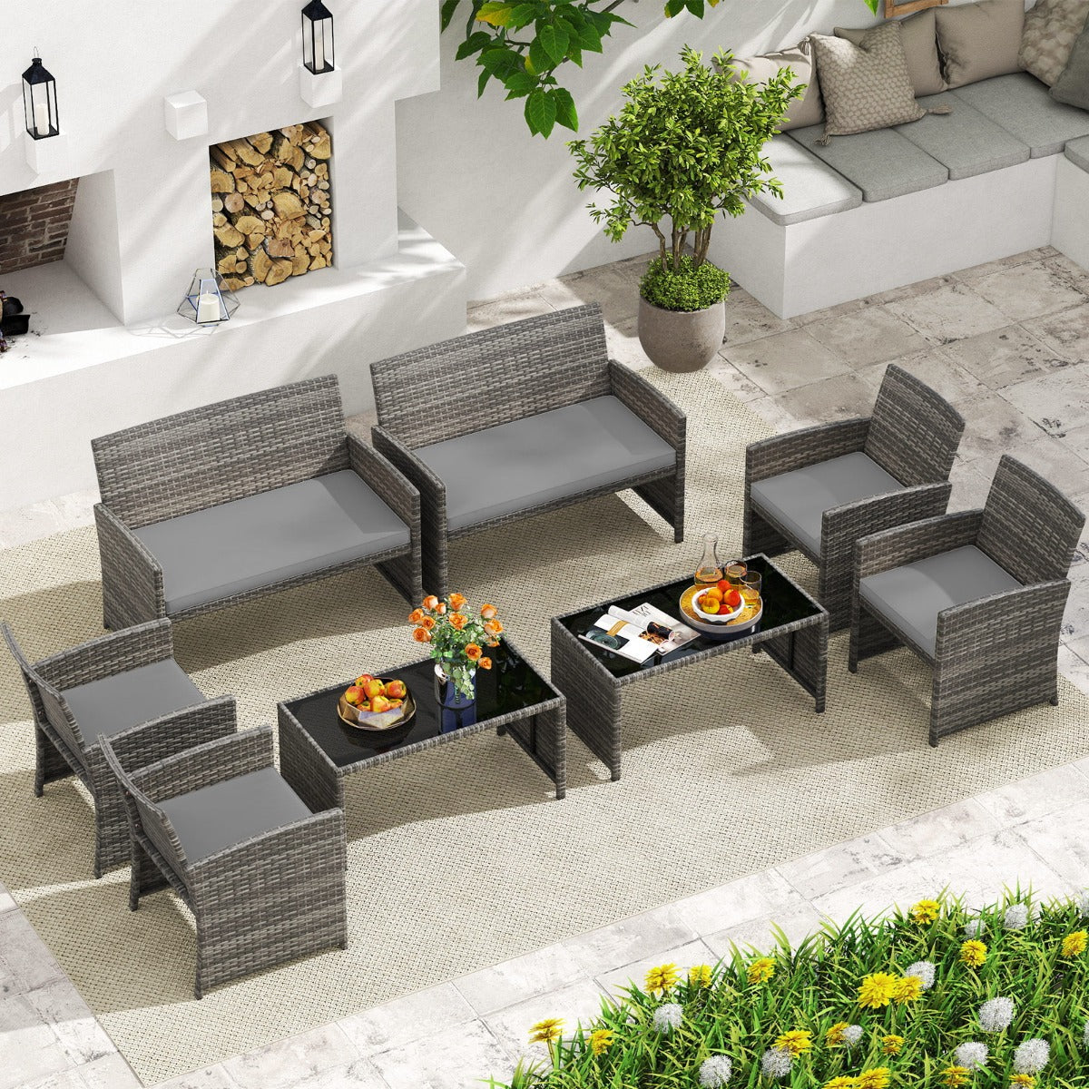 Livsk costway 4 delige tuinmeubelset conversatieset incl rotanstoel loveseat tafel balkonmeubelset met zitkussens tafelblad van veiligheidsglas grijs