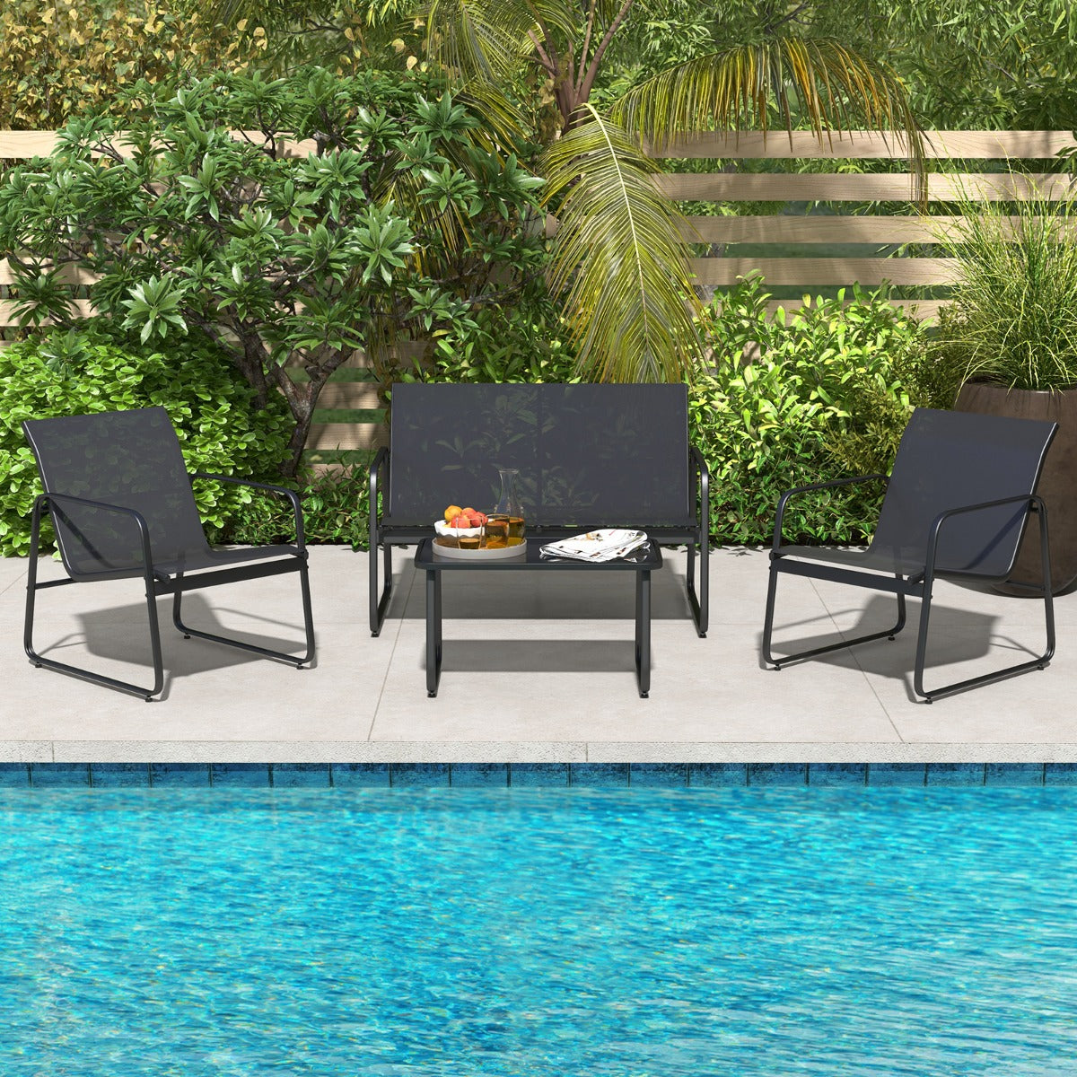 Livsk costway 4 delige tuinmeubelset met 2 stoelen tafel van gehard glas en dubbele stoel buitenmeubelset van ademende stof voor veranda balkon