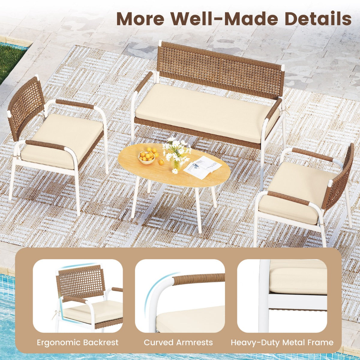 Livsk costway 4 delige tuinmeubelset pe rotan tweezitsbank 2 fauteuils met zachte zitkussens tafel met veiligheidsglas 2