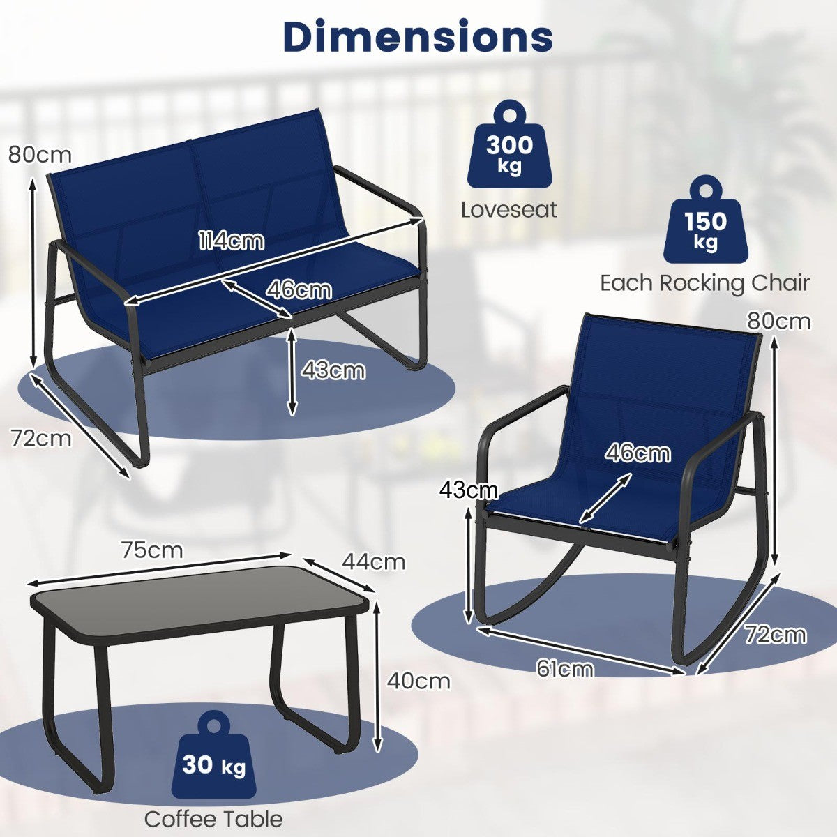 LIVSK 4-delige Schommelset voor Terras - Zachte Schommelbeweging - Ergonomisch Comfort - Gehard Glas Tafelblad - Grijs
