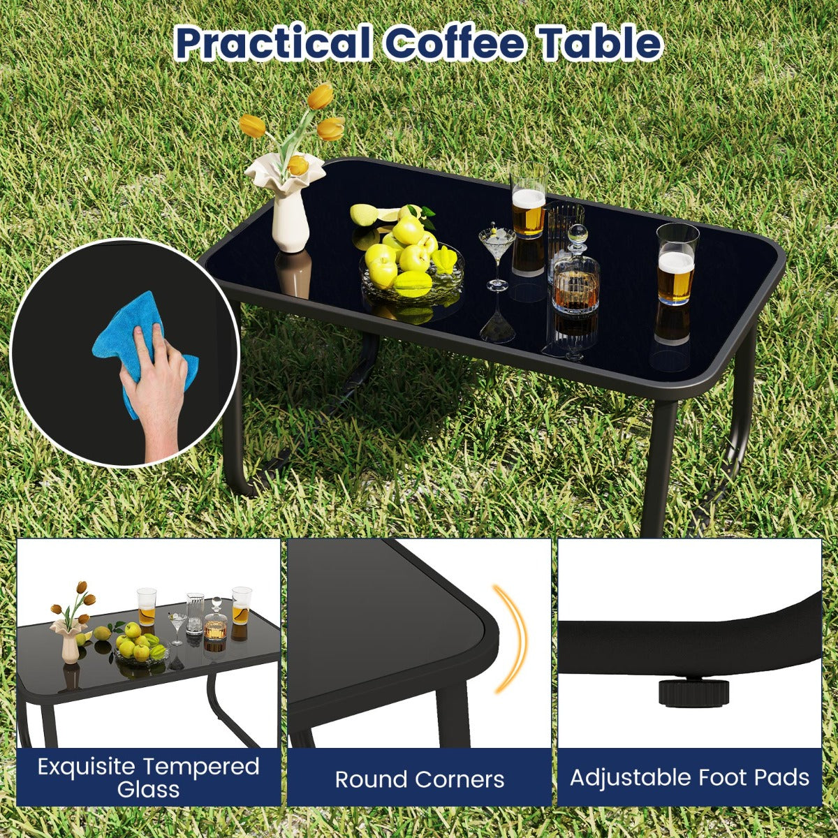 LIVSK 4-delige Schommelset voor Terras - Zachte Schommelbeweging - Ergonomisch Comfort - Gehard Glas Tafelblad - Grijs