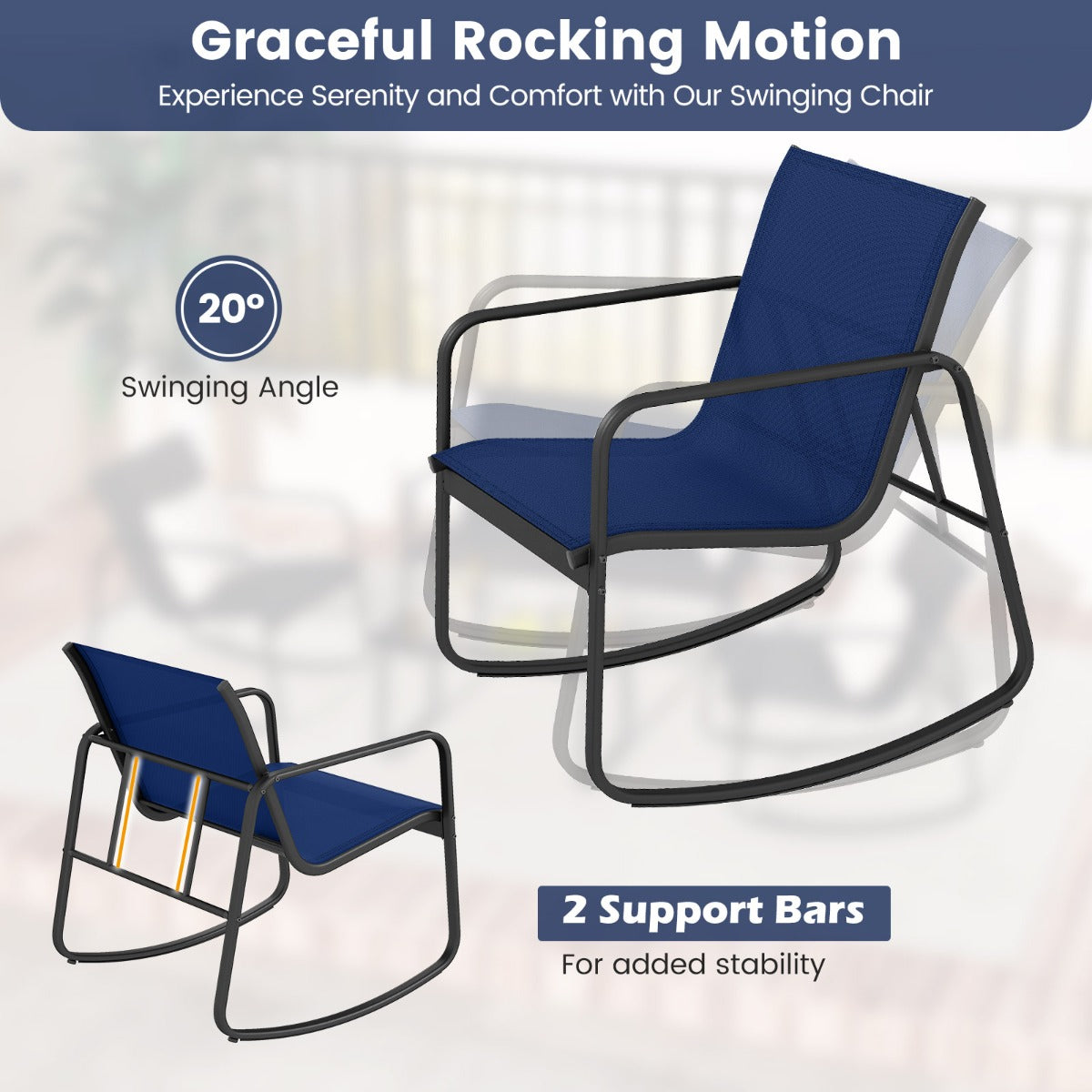 LIVSK 4-delige Schommelset voor Terras - Zachte Schommelbeweging - Ergonomisch Comfort - Gehard Glas Tafelblad - Grijs