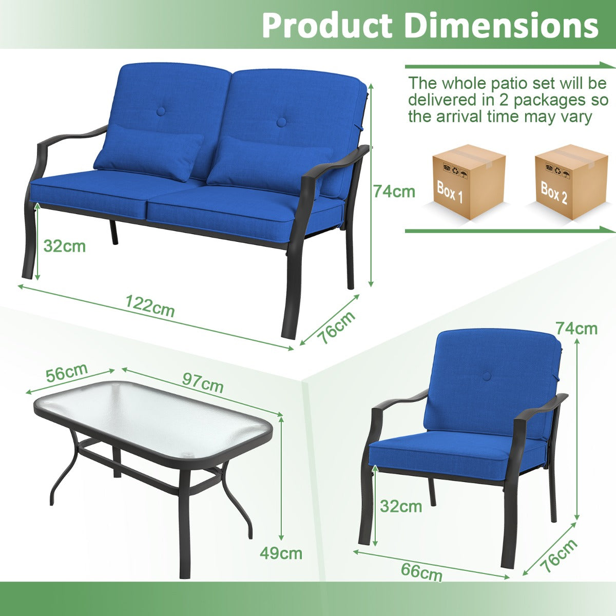 LIVSK Terrasmeubelset - Comfortabele Zitgroep voor 4 Personen - Versterkt Metaal - Veiligheidsglas - Kussens - Zwart en Blauw