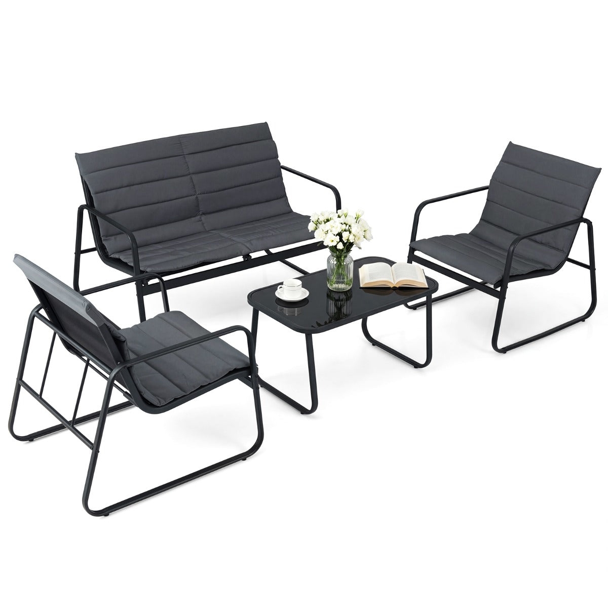 Livsk costway 4 delige tuinmeubelset tuinset met kussens en salontafel van gehard glas 1