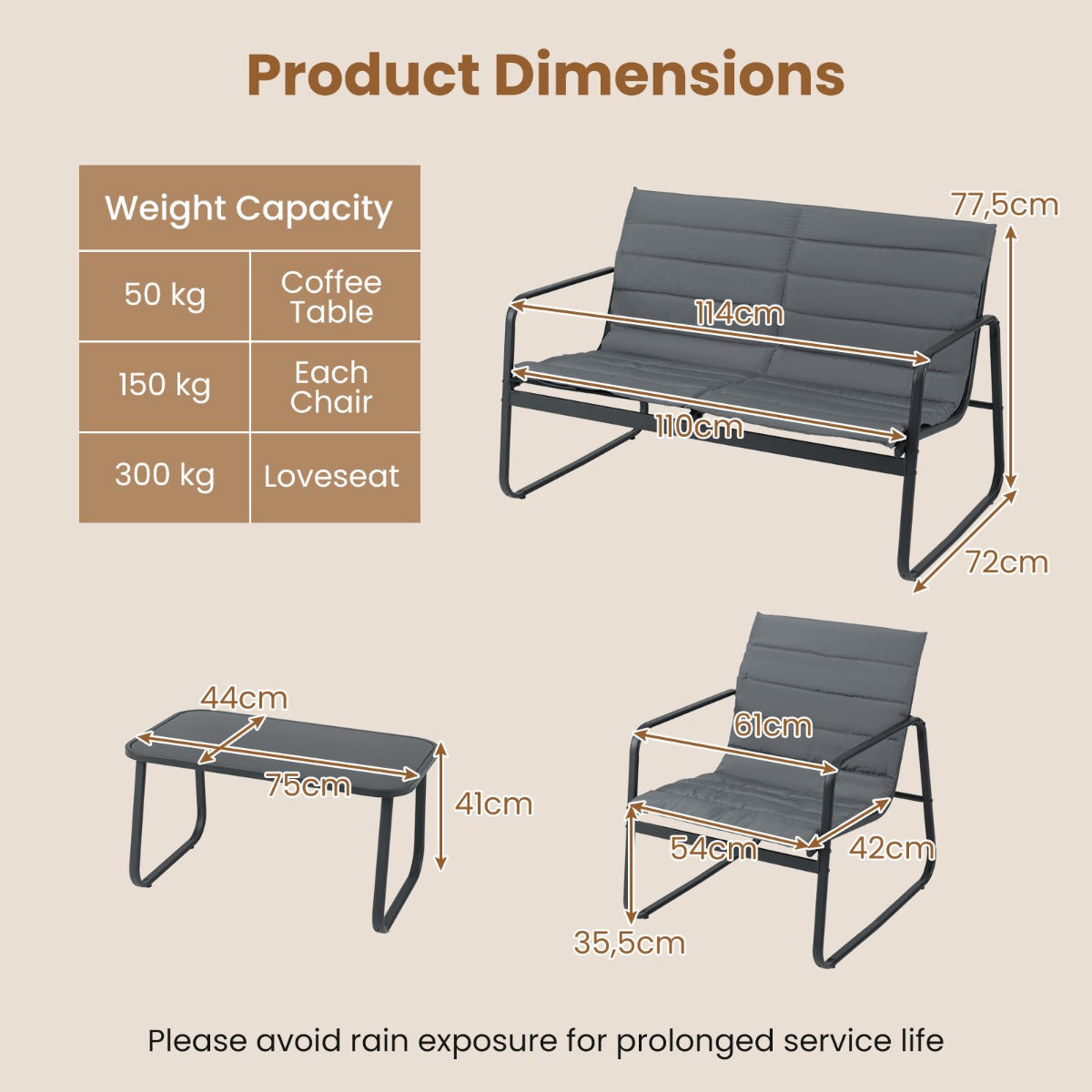 Livsk costway 4 delige tuinmeubelset tuinset met kussens en salontafel van gehard glas