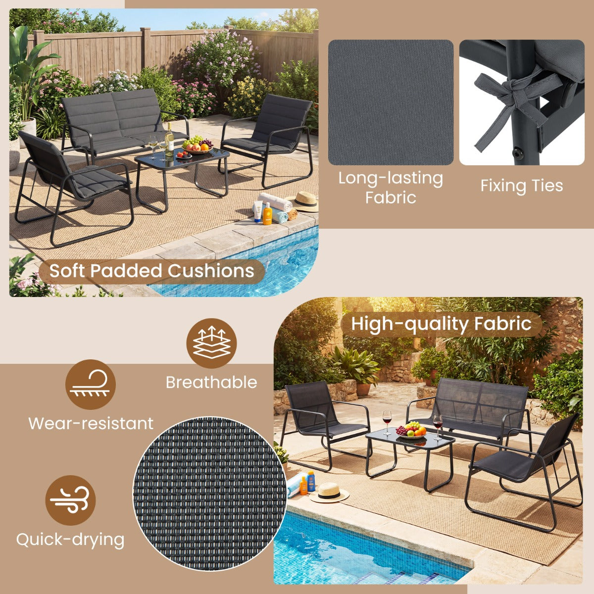 Livsk costway 4 delige tuinmeubelset tuinset met kussens en salontafel van gehard glas