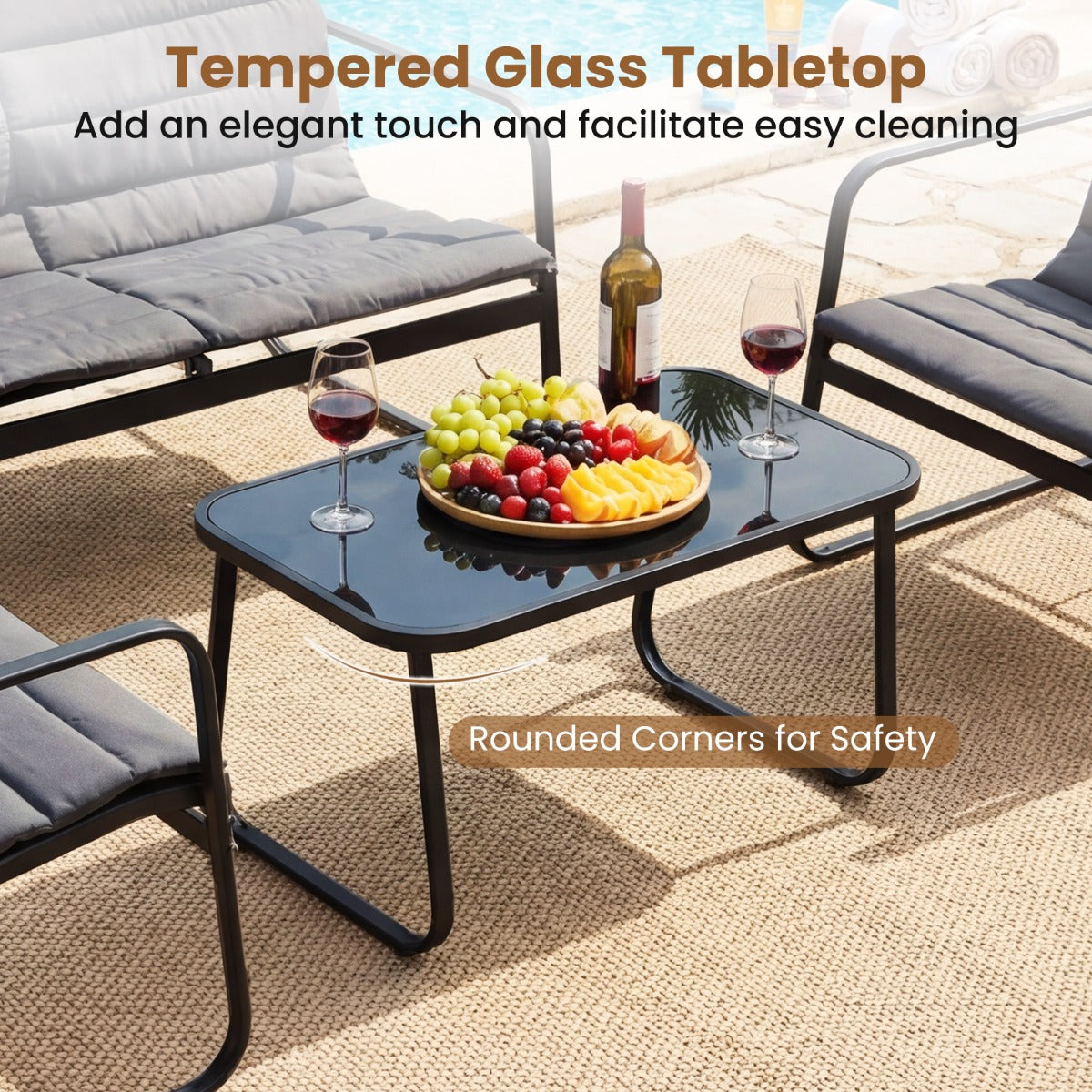 Livsk costway 4 delige tuinmeubelset tuinset met kussens en salontafel van gehard glas