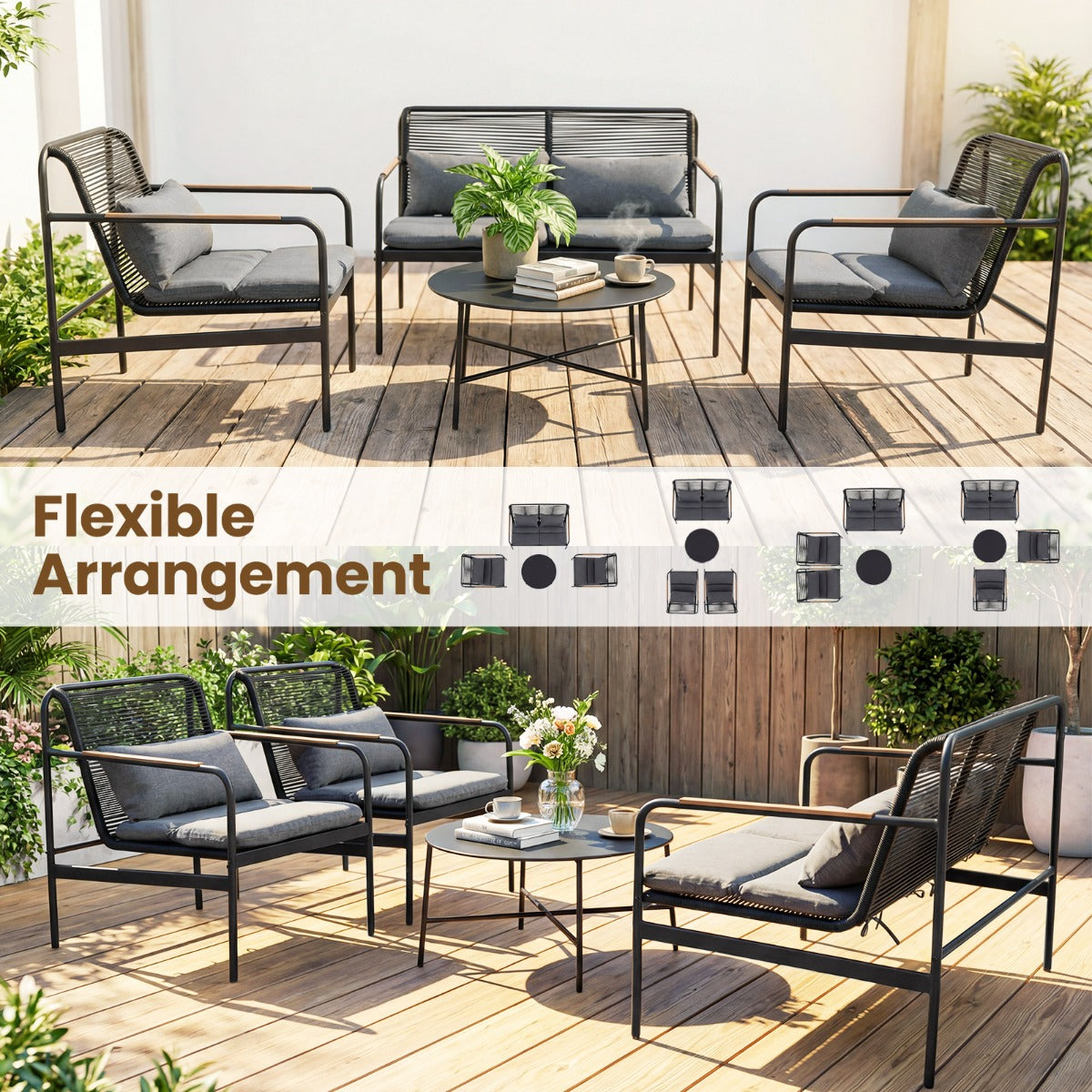Livsk costway 4 delige tuinset loveseat 2 fauteuils met salontafel metalen frame kussens pe rotan buitenbank