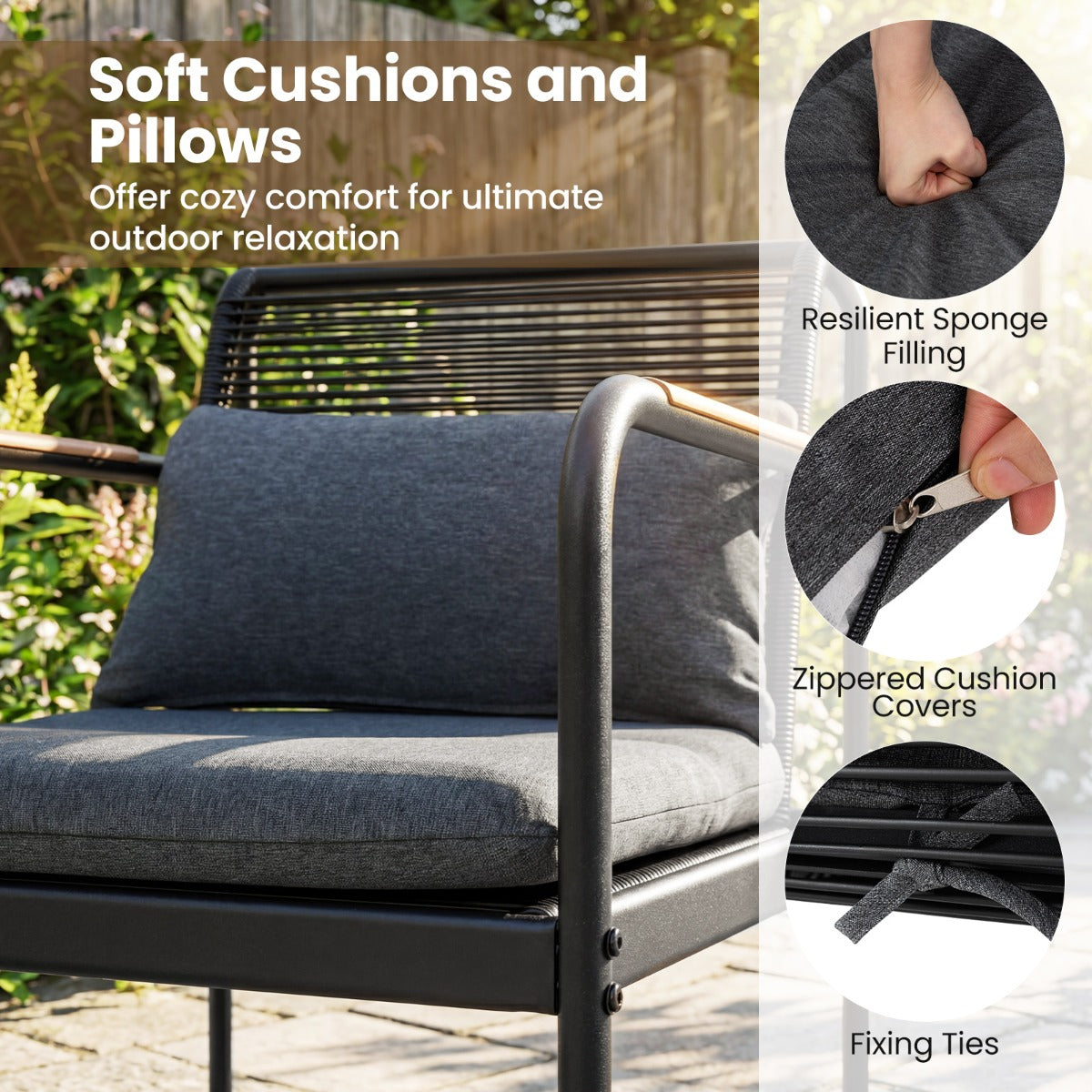 Livsk costway 4 delige tuinset loveseat 2 fauteuils met salontafel metalen frame kussens pe rotan buitenbank