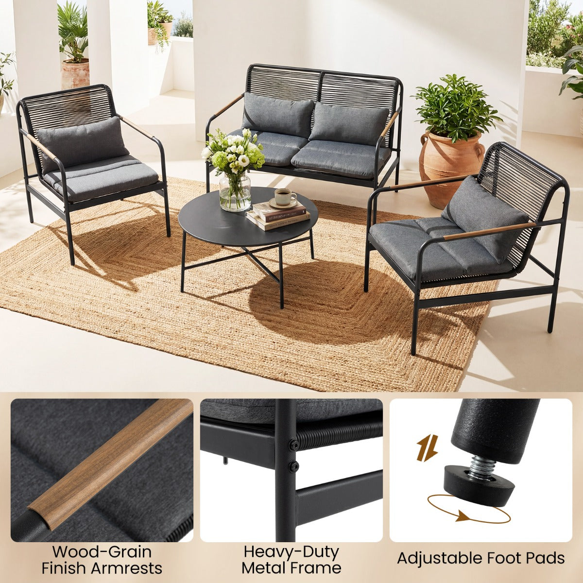 Livsk costway 4 delige tuinset loveseat 2 fauteuils met salontafel metalen frame kussens pe rotan buitenbank